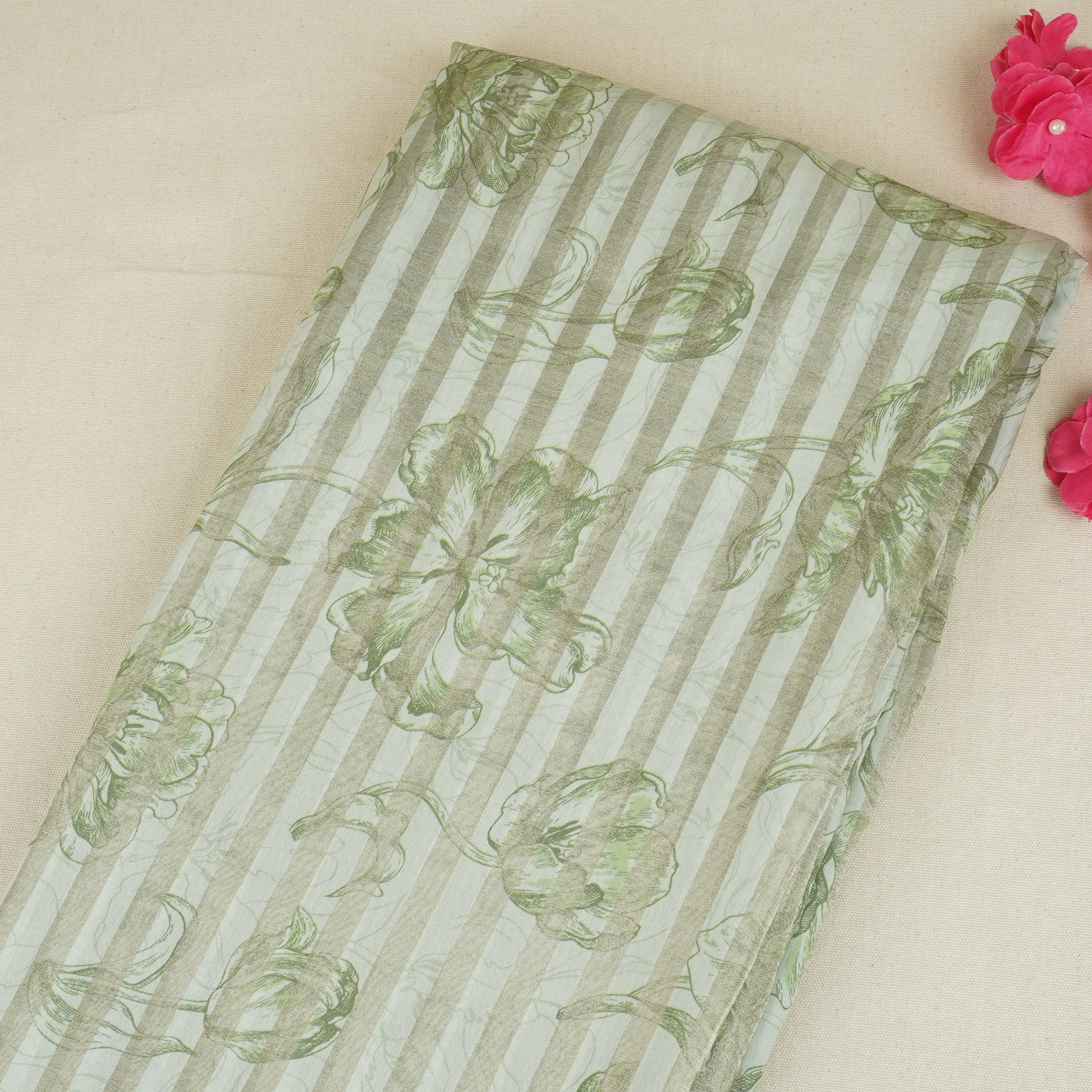 Green Floral Print Tissue Chanderi Fabric MT-29489 - TradeUNO