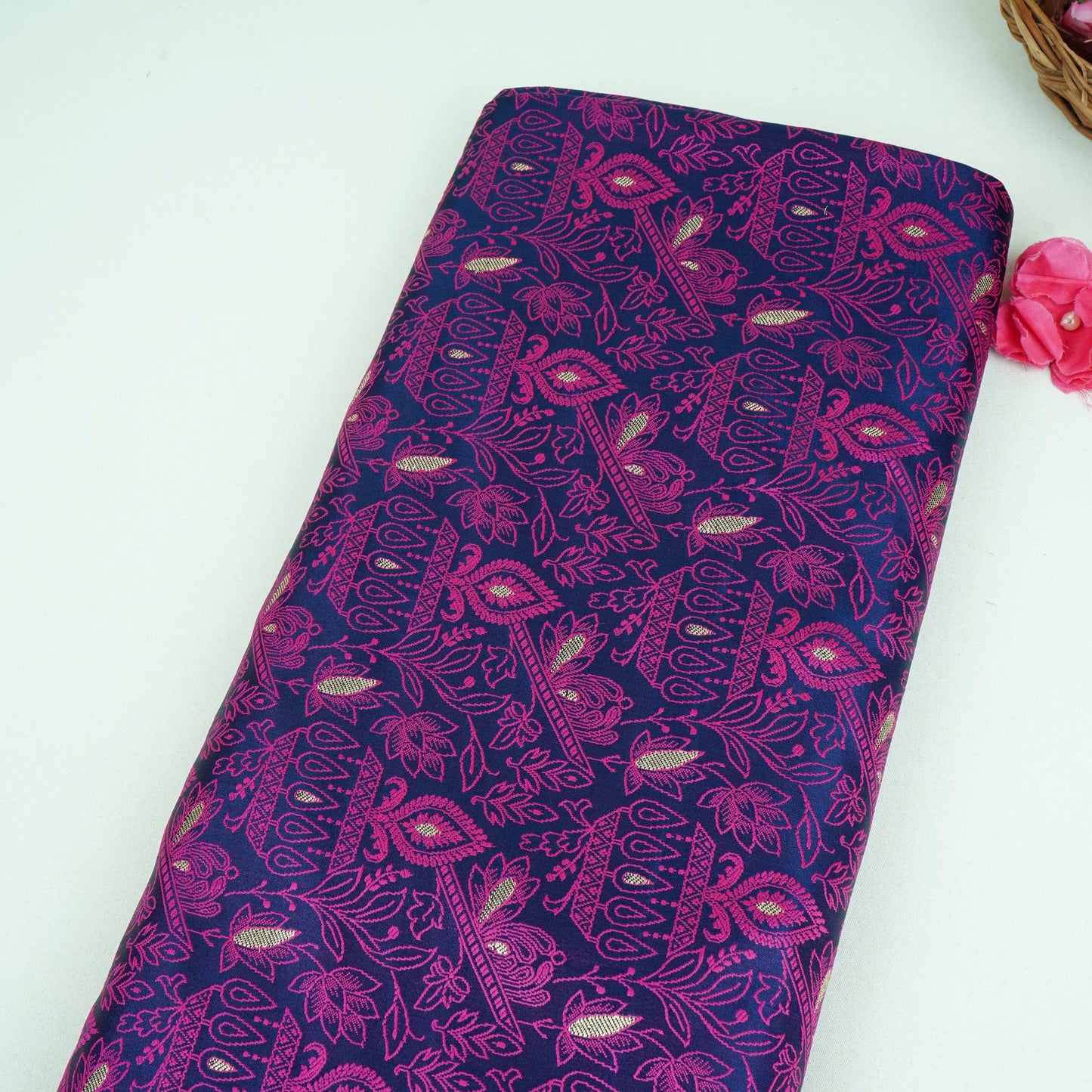 Navy Blue Zari Booti Tanchoi Silk Fabric HMSS-32755