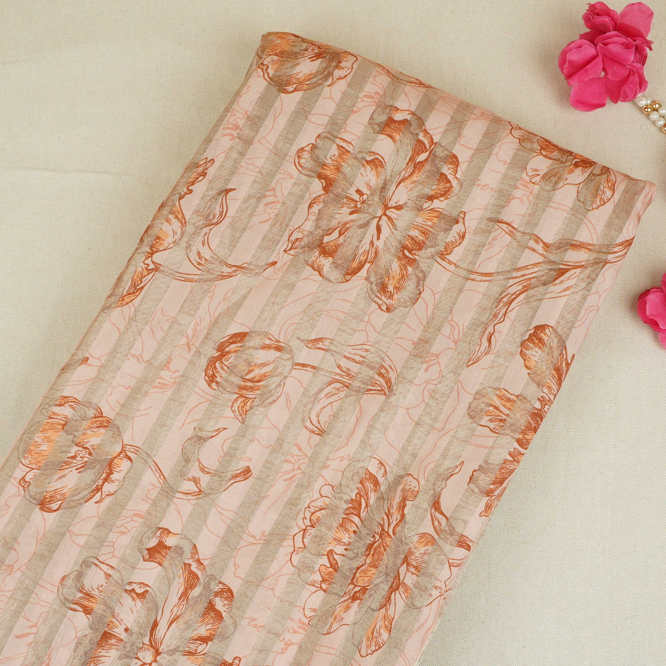 Peach Floral Print Tissue Chanderi Fabric MT-29490 - TradeUNO