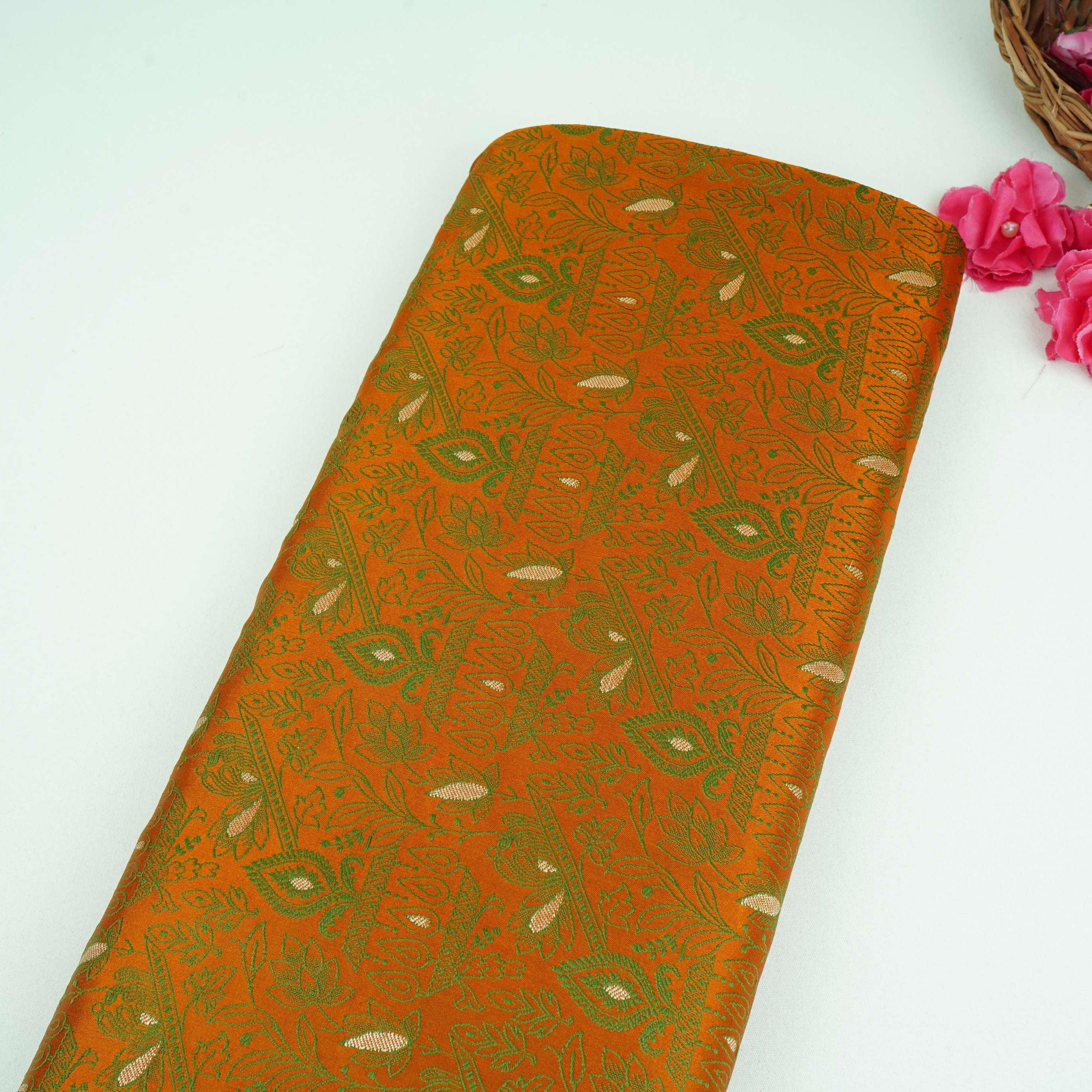 Mehendi Green Zari Booti Tanchoi Silk Fabric HMSS-32753