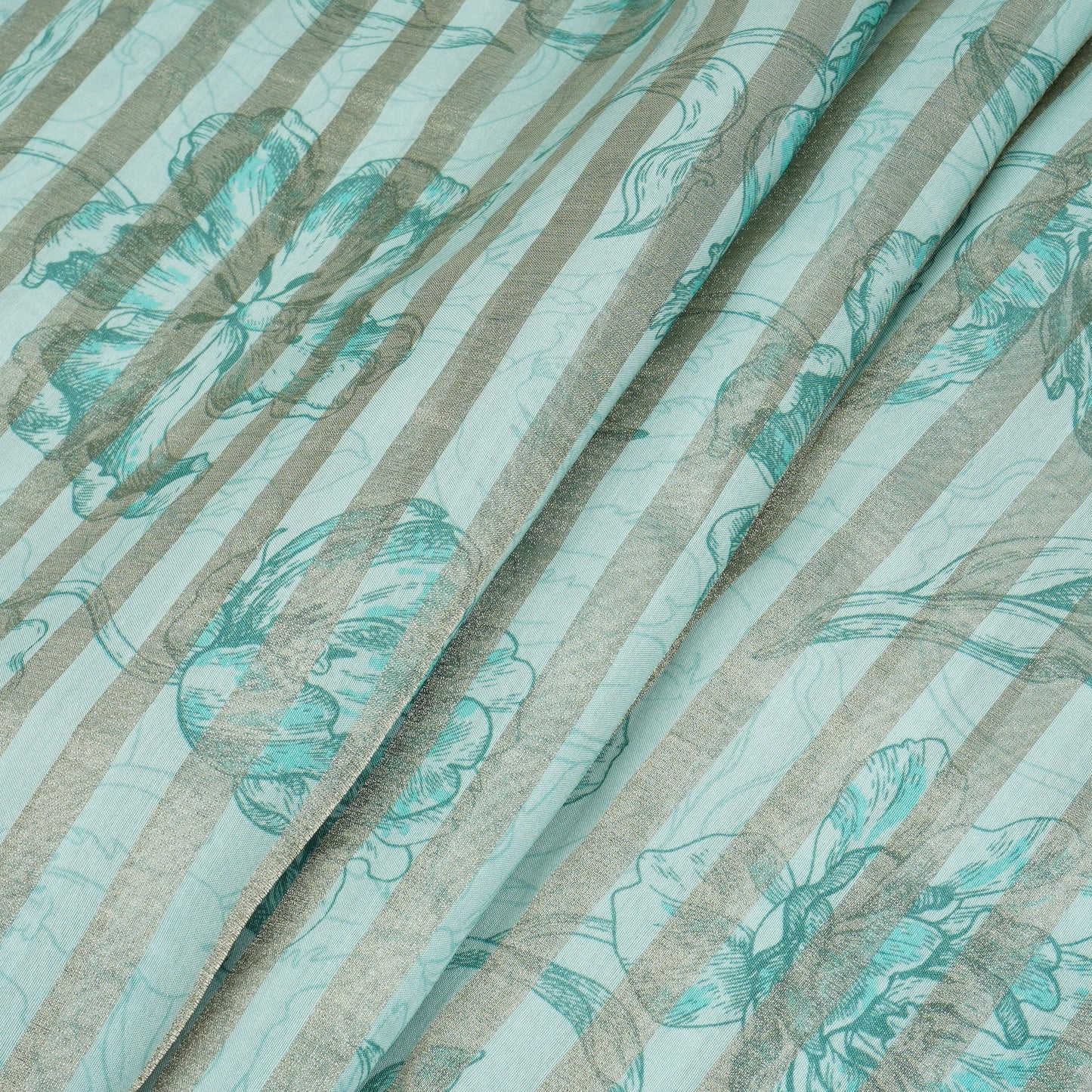 Sea Blue Floral Print Tissue Chanderi Fabric MT-29491
