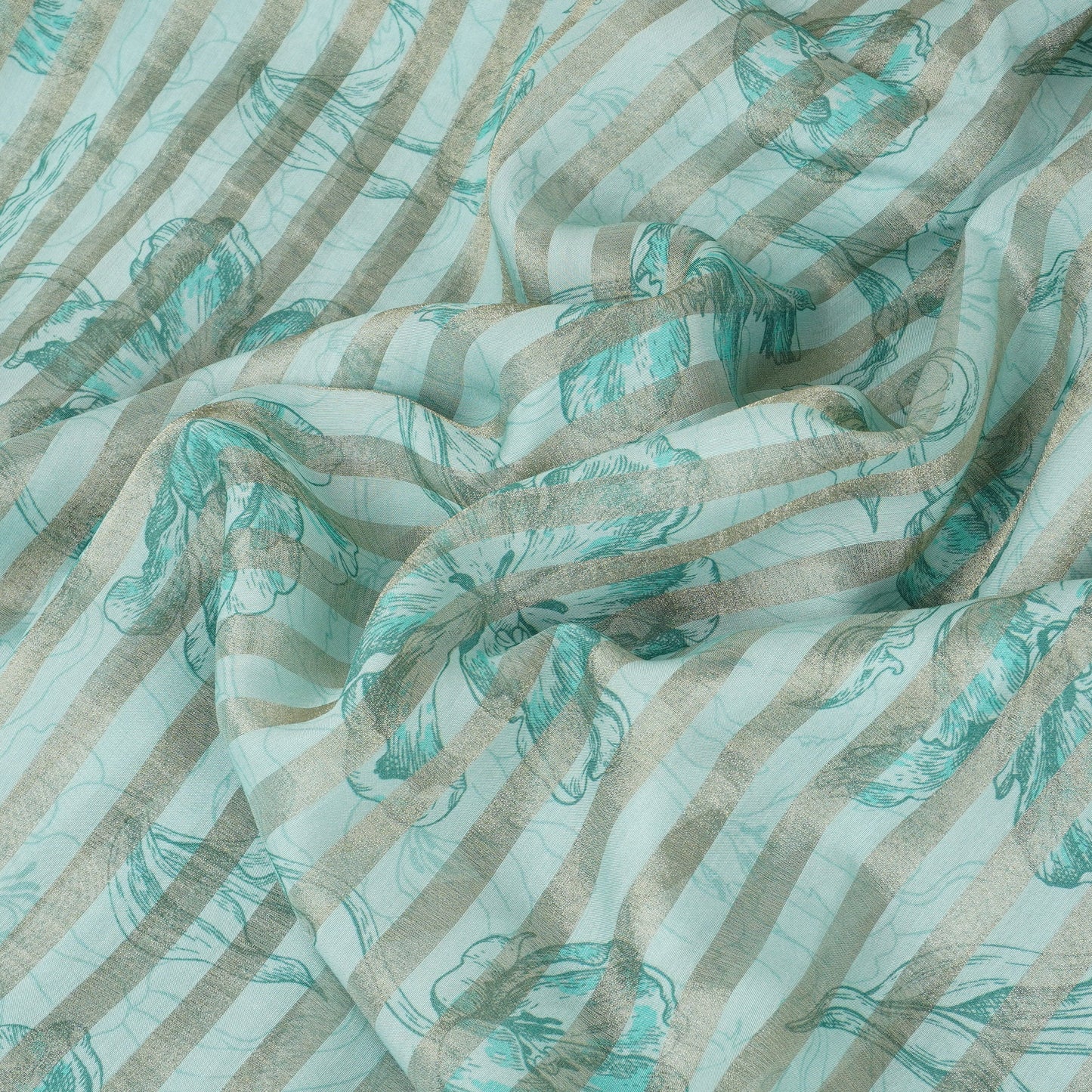 Sea Blue Floral Print Tissue Chanderi Fabric MT-29491