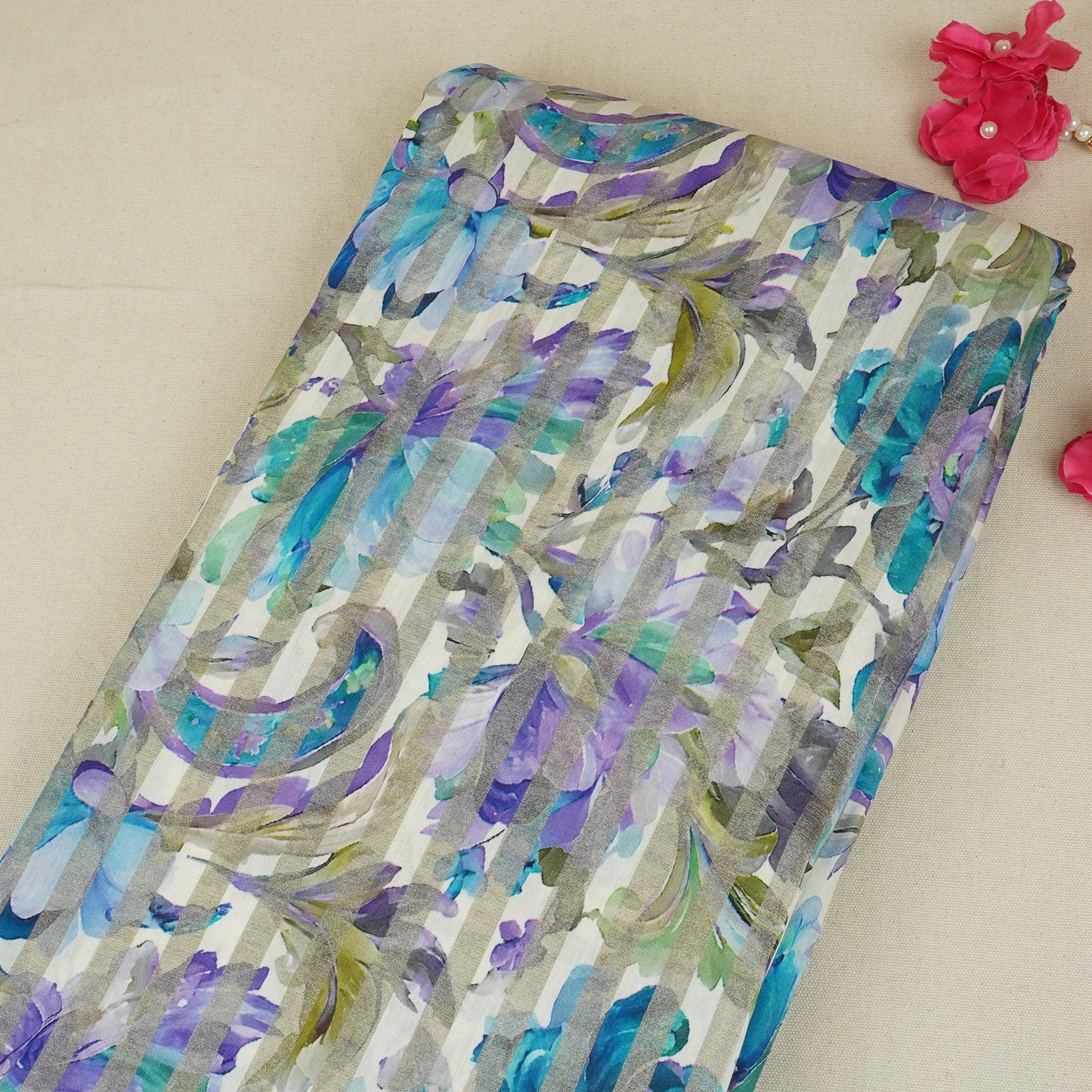 Off White with Multicolor Floral Print Tissue Chanderi Fabric MT-29488