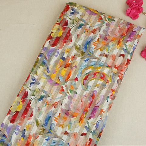 Cream with Multicolor Floral Print Tissue Chanderi Fabric MT-29486