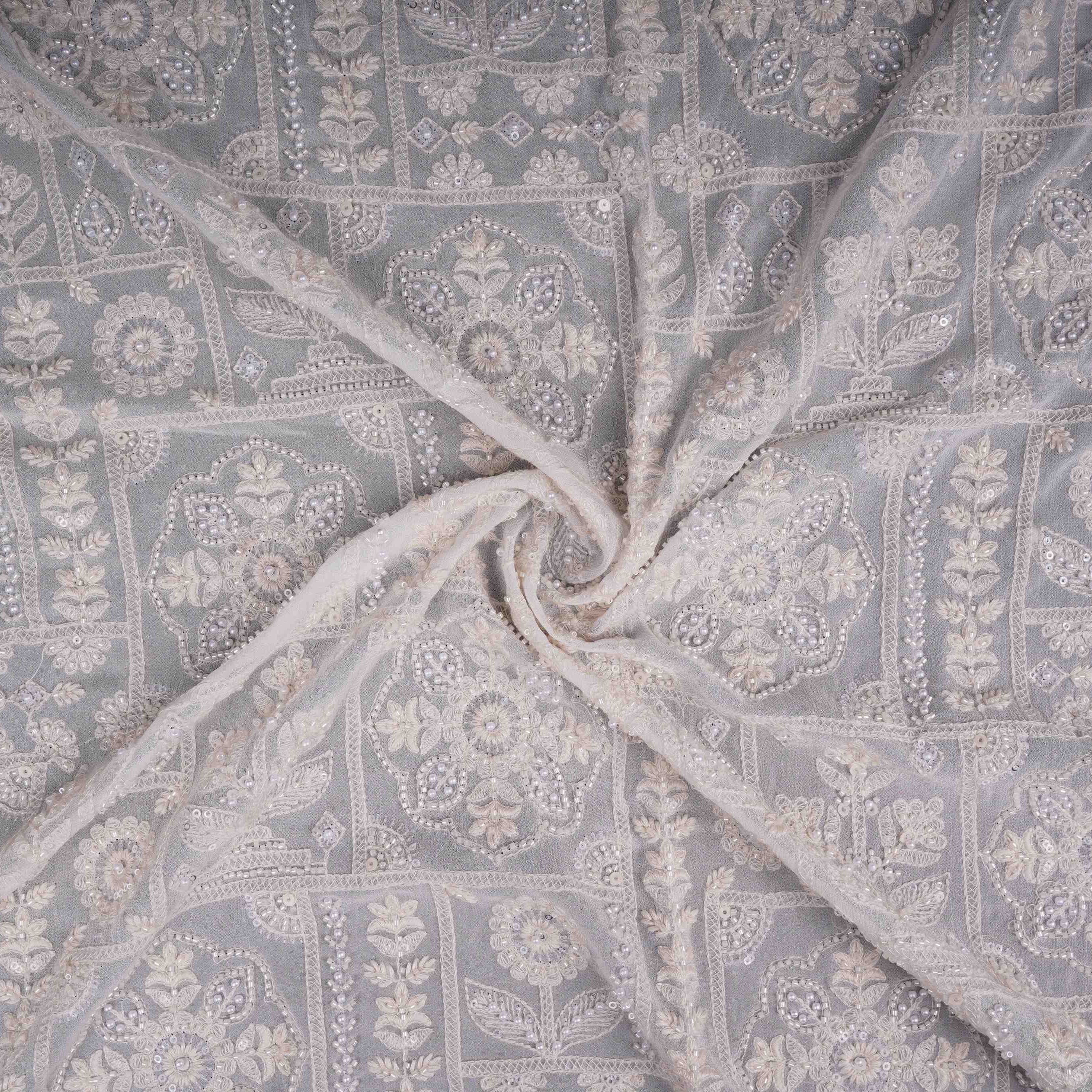 White Floral Cutdana Embroidery Georgette Fabric SGS-30699 - TradeUNO