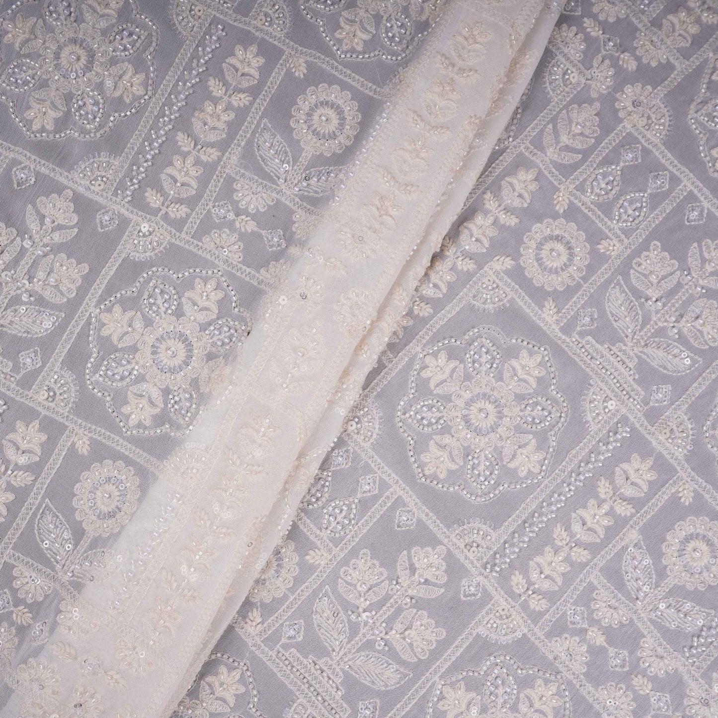 White Floral Cutdana Embroidery Georgette Fabric SGS-30699