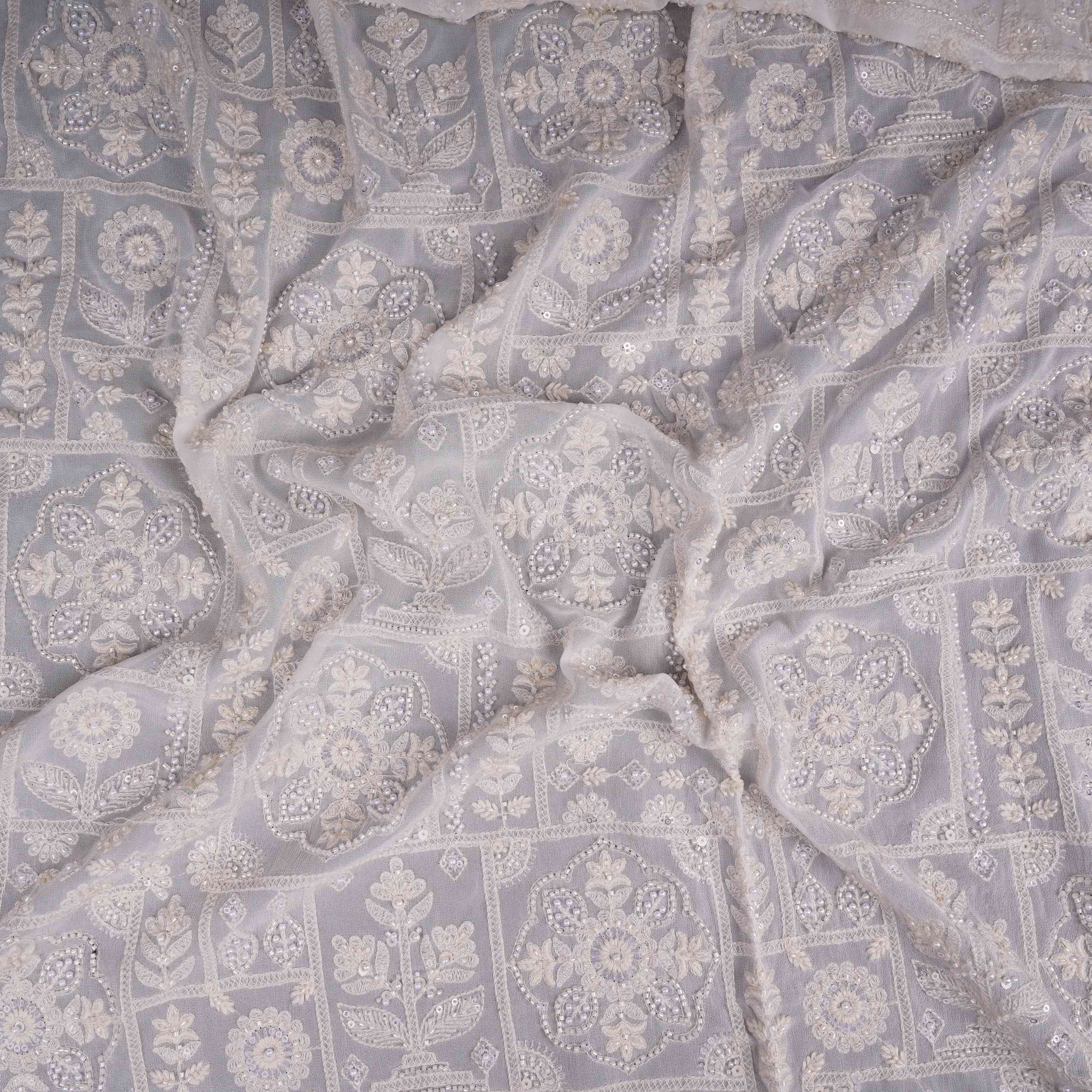 White Floral Cutdana Embroidery Georgette Fabric SGS-30699 - TradeUNO