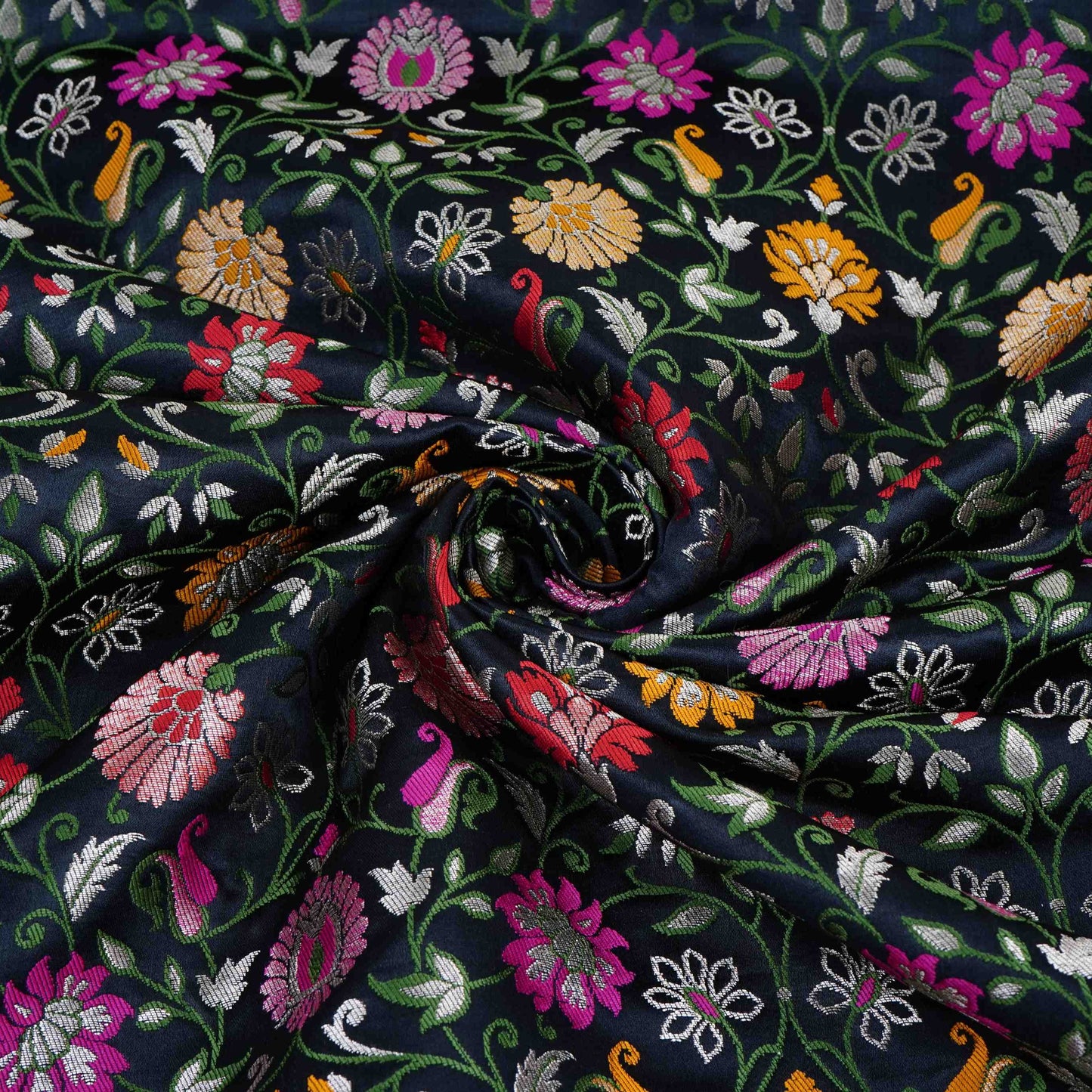 Black Kimkhab Brocade Fabric HMSS-32782