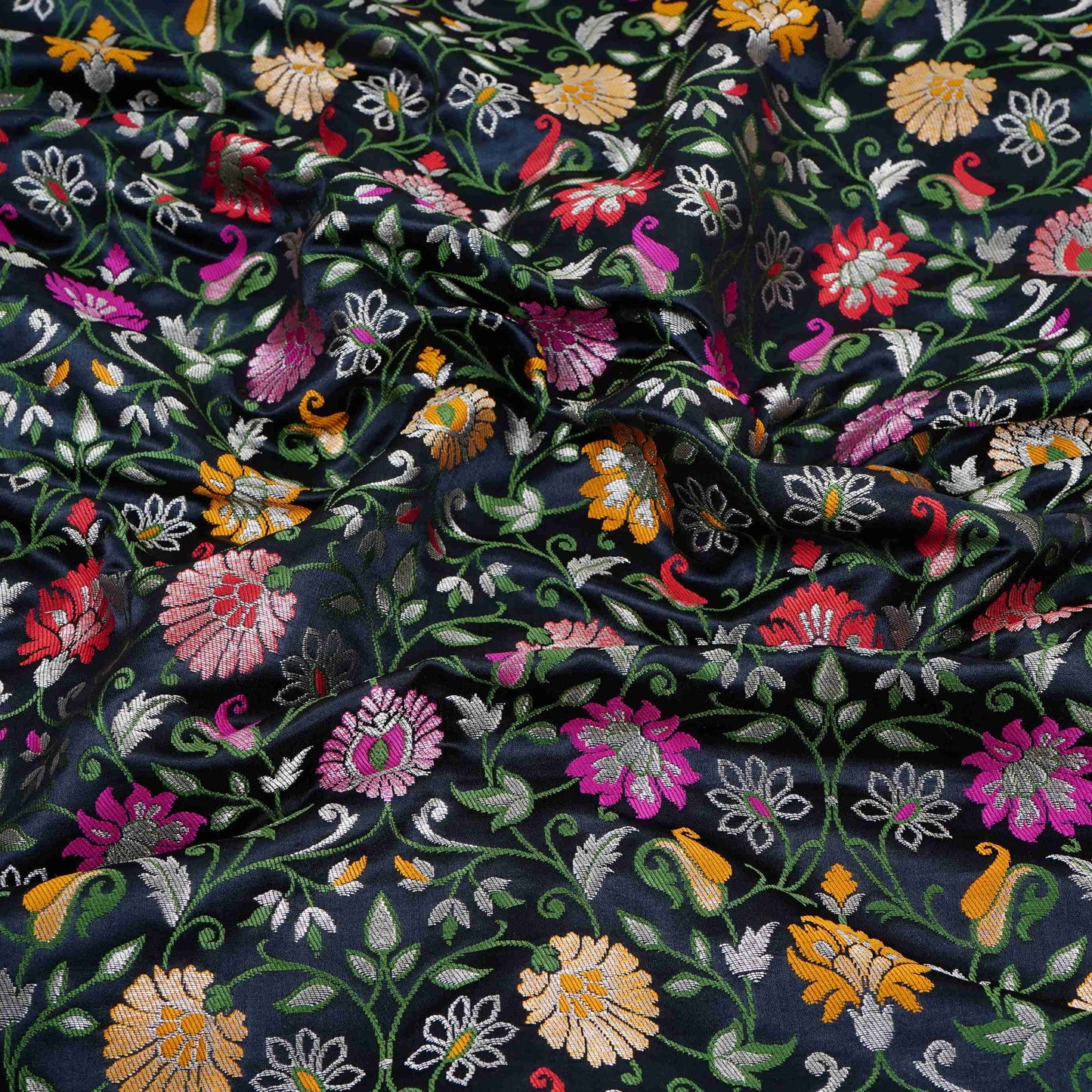 Black Kimkhab Brocade Fabric HMSS-32782