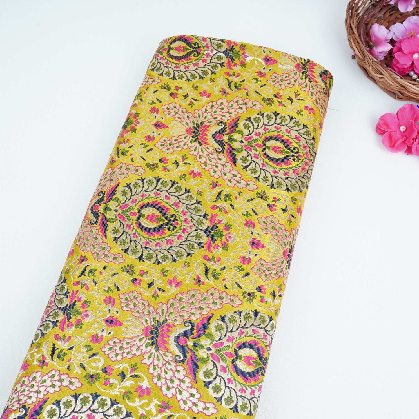 Olive Green Kimkhab Brocade Fabric HMSS-32800