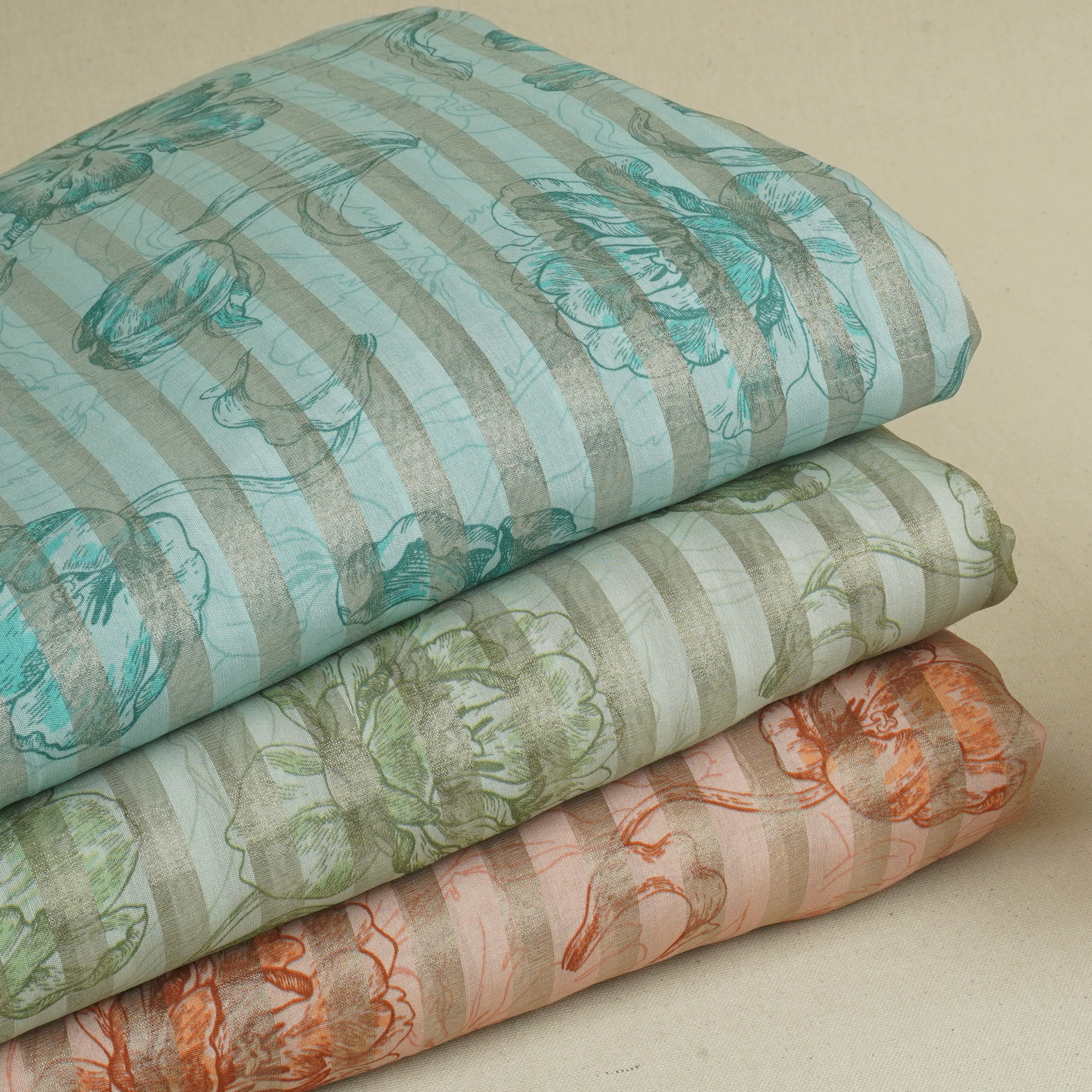 Sea Blue Floral Print Tissue Chanderi Fabric MT-29491 - TradeUNO