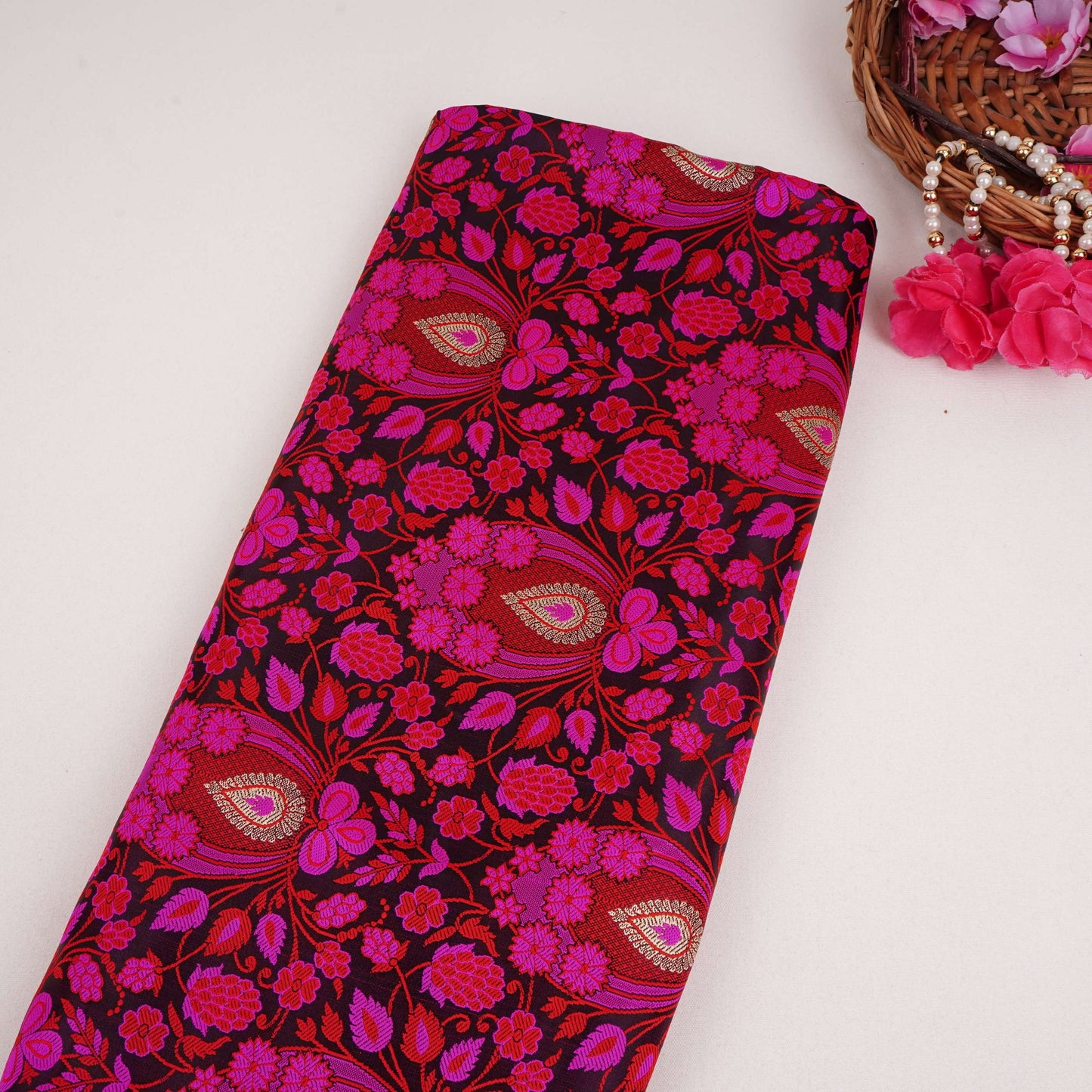 Wine Dohri Zari Booti Tanchoi Silk Fabric HMSS-32760