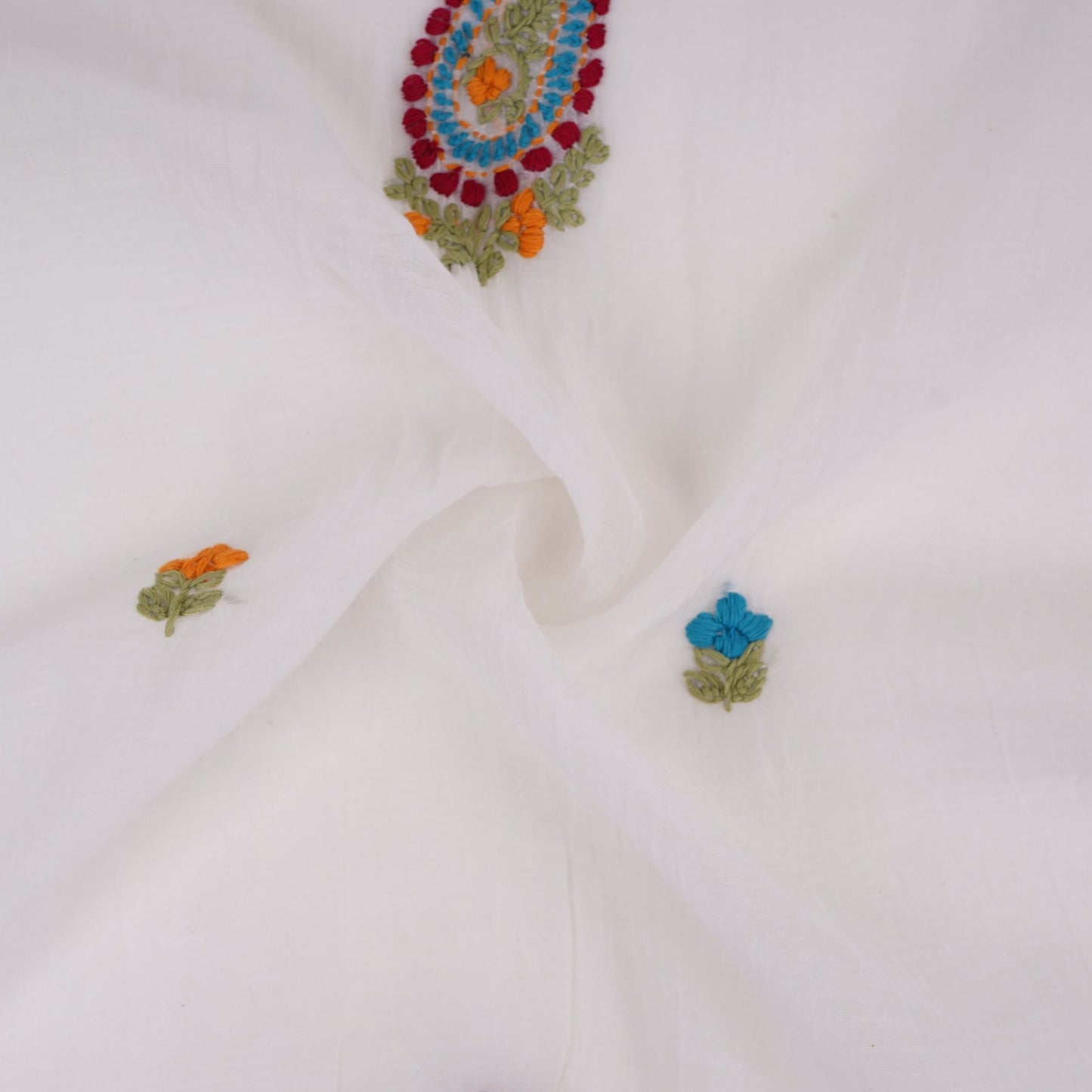 Off White with Multicolor floral Hand embroidery Pure Mul Chanderi Fabric SN-31237 - TradeUNO