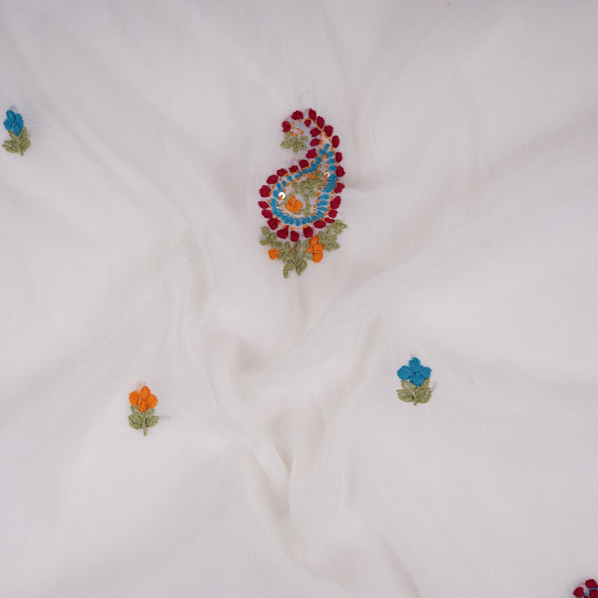 Off White with Multicolor floral Hand embroidery Pure Mul Chanderi Fabric SN-31237 - TradeUNO