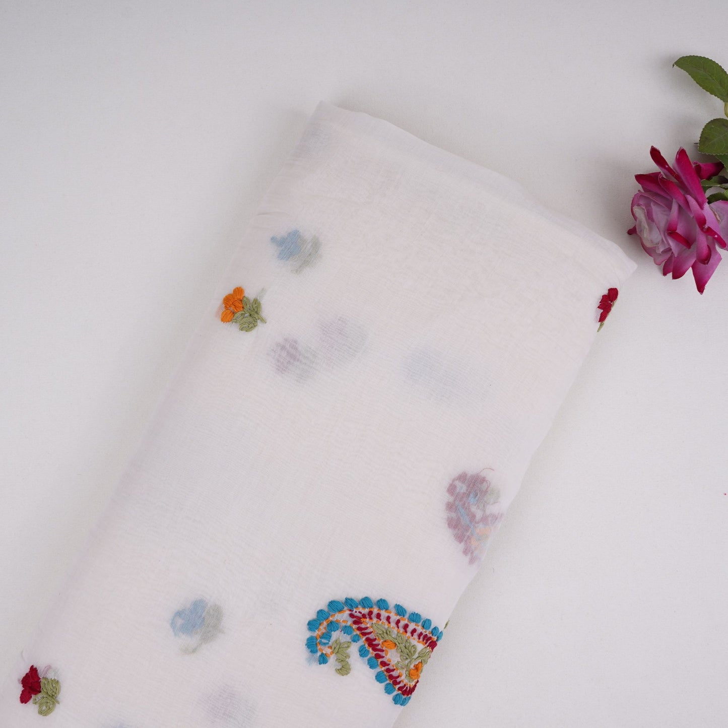Off White with Multicolor floral Hand embroidery Pure Mul Chanderi Fabric SN-31237 - TradeUNO