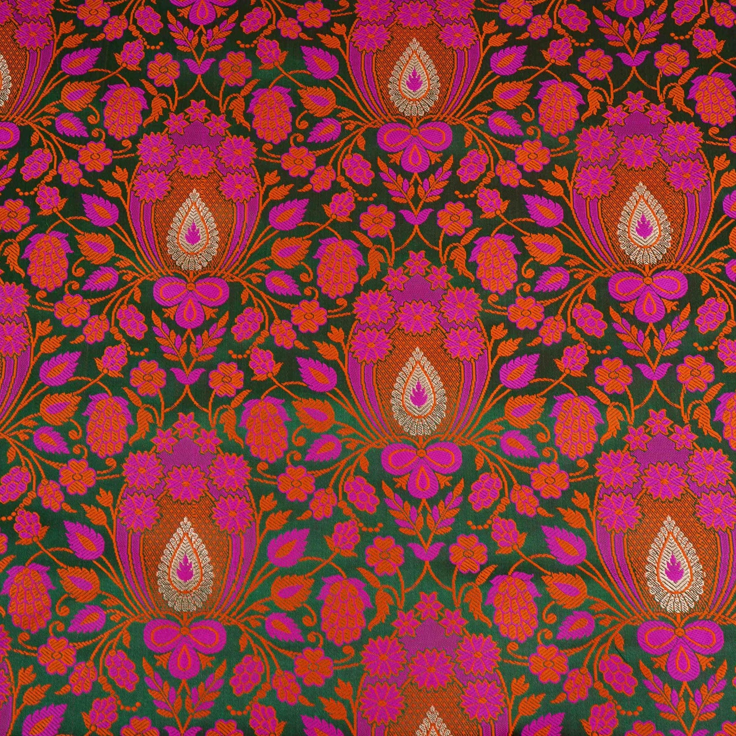 Dark Green Dohri Zari Booti Tanchoi Silk Fabric HMSS-32762