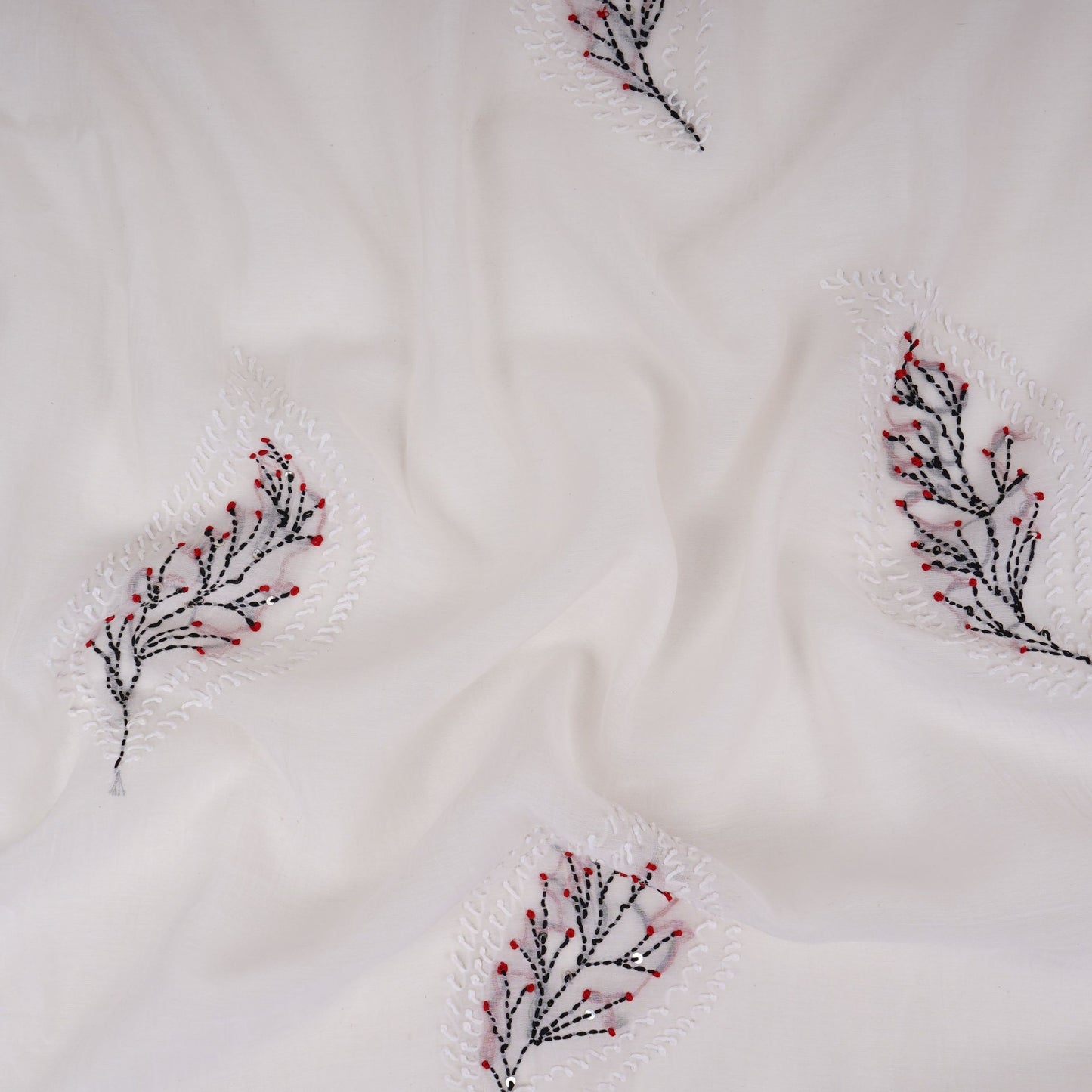 Off White with Multicolor floral Hand embroidery Pure Mul Chanderi Fabric SN-31234 - TradeUNO
