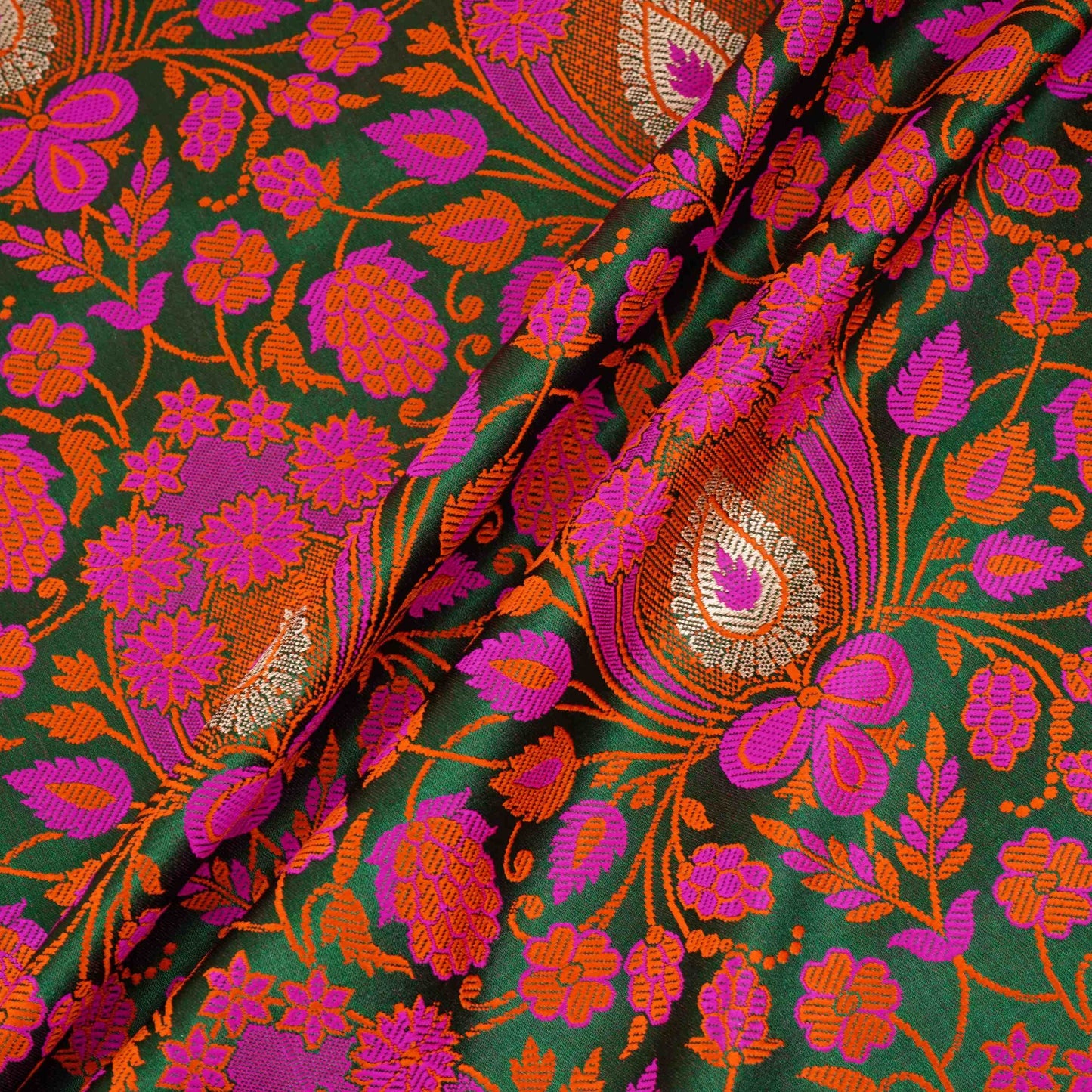 Dark Green Dohri Zari Booti Tanchoi Silk Fabric HMSS-32762