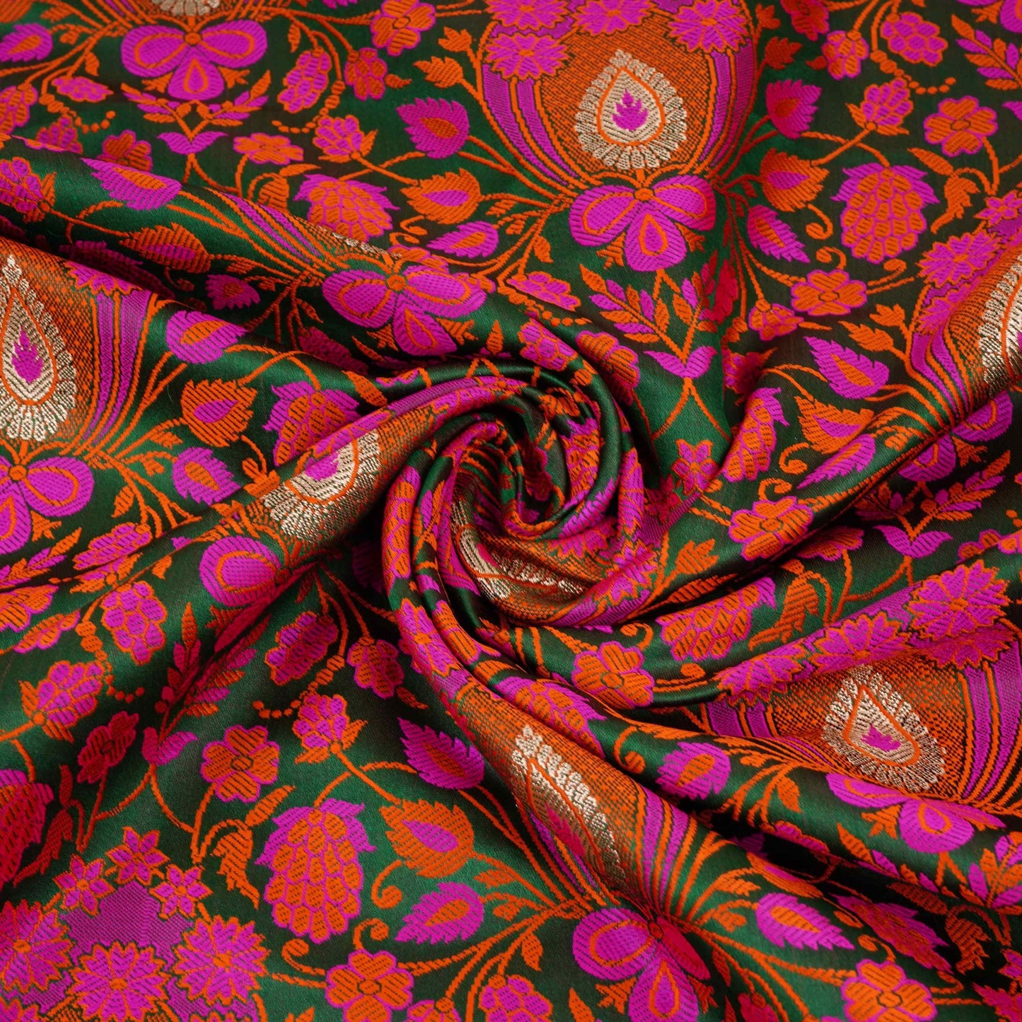 Dark Green Dohri Zari Booti Tanchoi Silk Fabric HMSS-32762