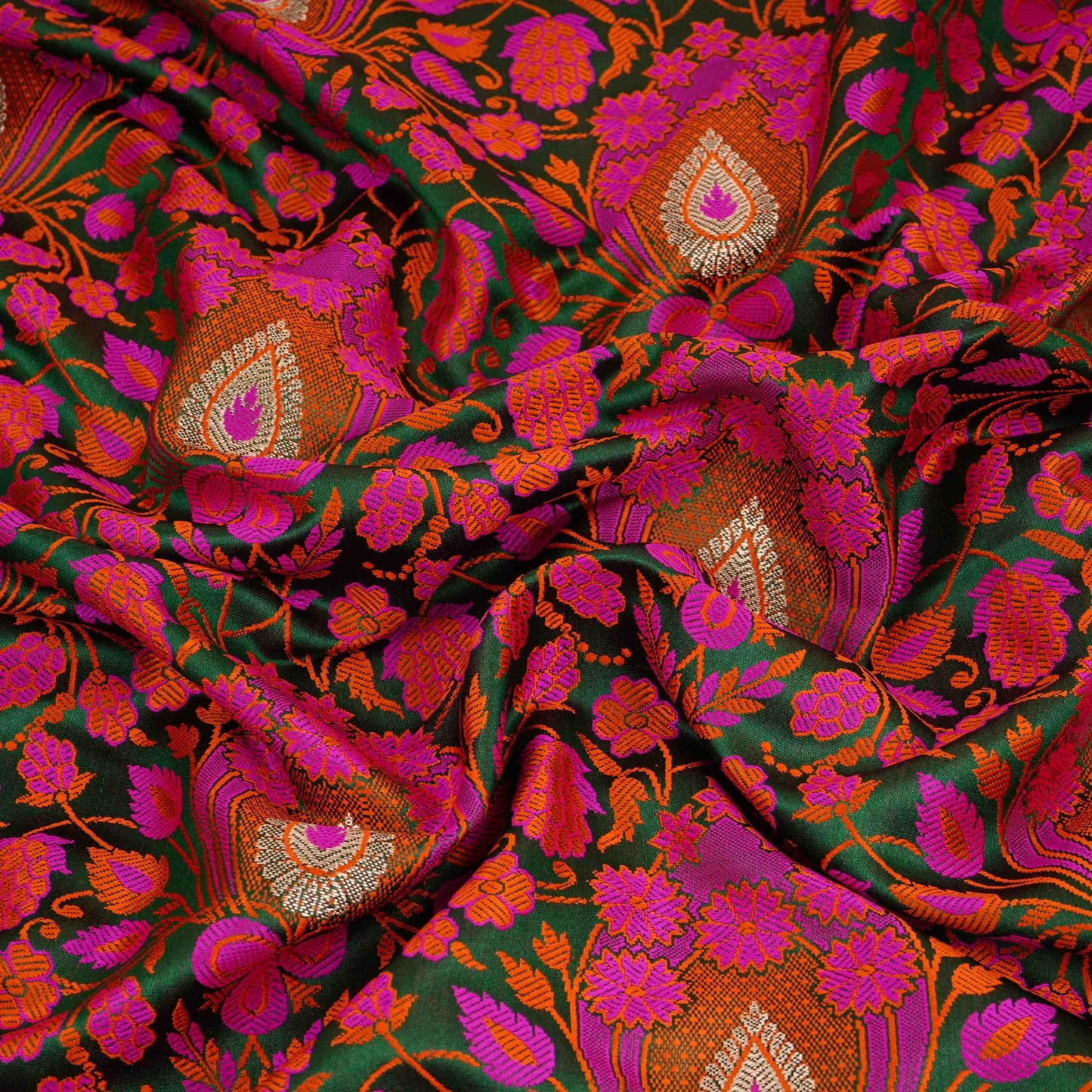 Dark Green Dohri Zari Booti Tanchoi Silk Fabric HMSS-32762
