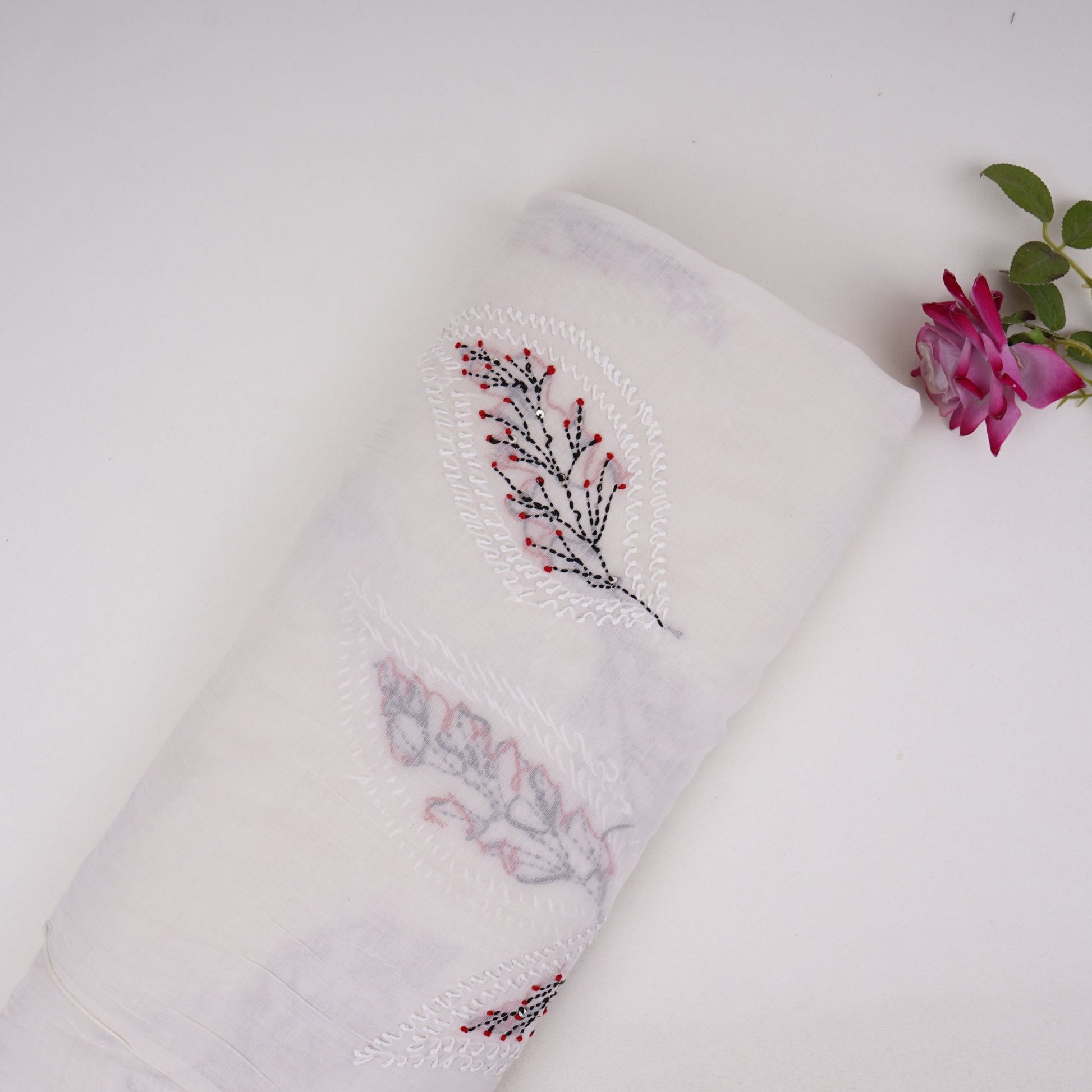 Off White with Multicolor floral Hand embroidery Pure Mul Chanderi Fabric SN-31234 - TradeUNO