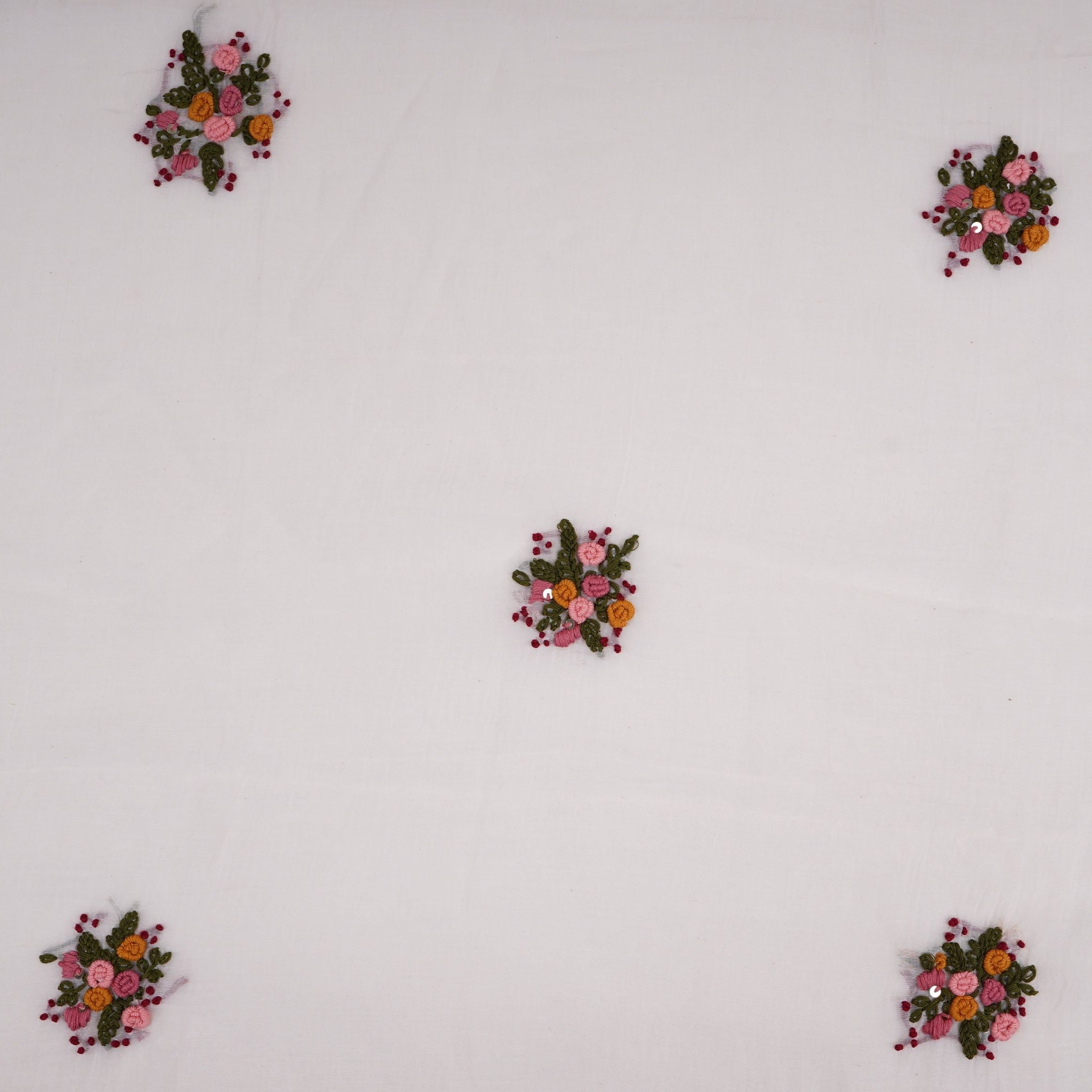 Off White with Multicolor floral Hand embroidery Pure Mul Chanderi Fabric SN-31238 - TradeUNO