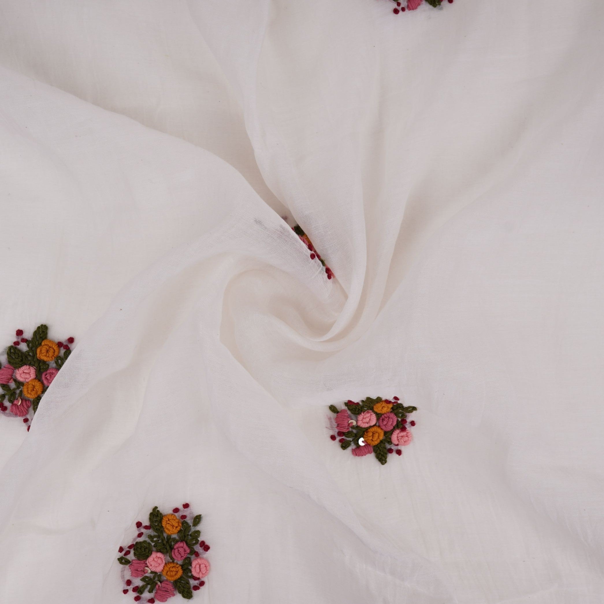 Off White with Multicolor floral Hand embroidery Pure Mul Chanderi Fabric SN-31238 - TradeUNO