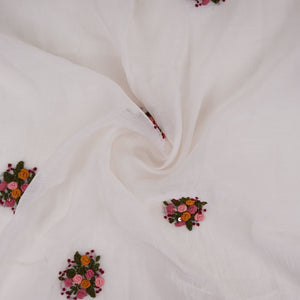 Off White with Multicolor floral Hand embroidery Pure Mul Chanderi Fabric SN-31238 - TradeUNO