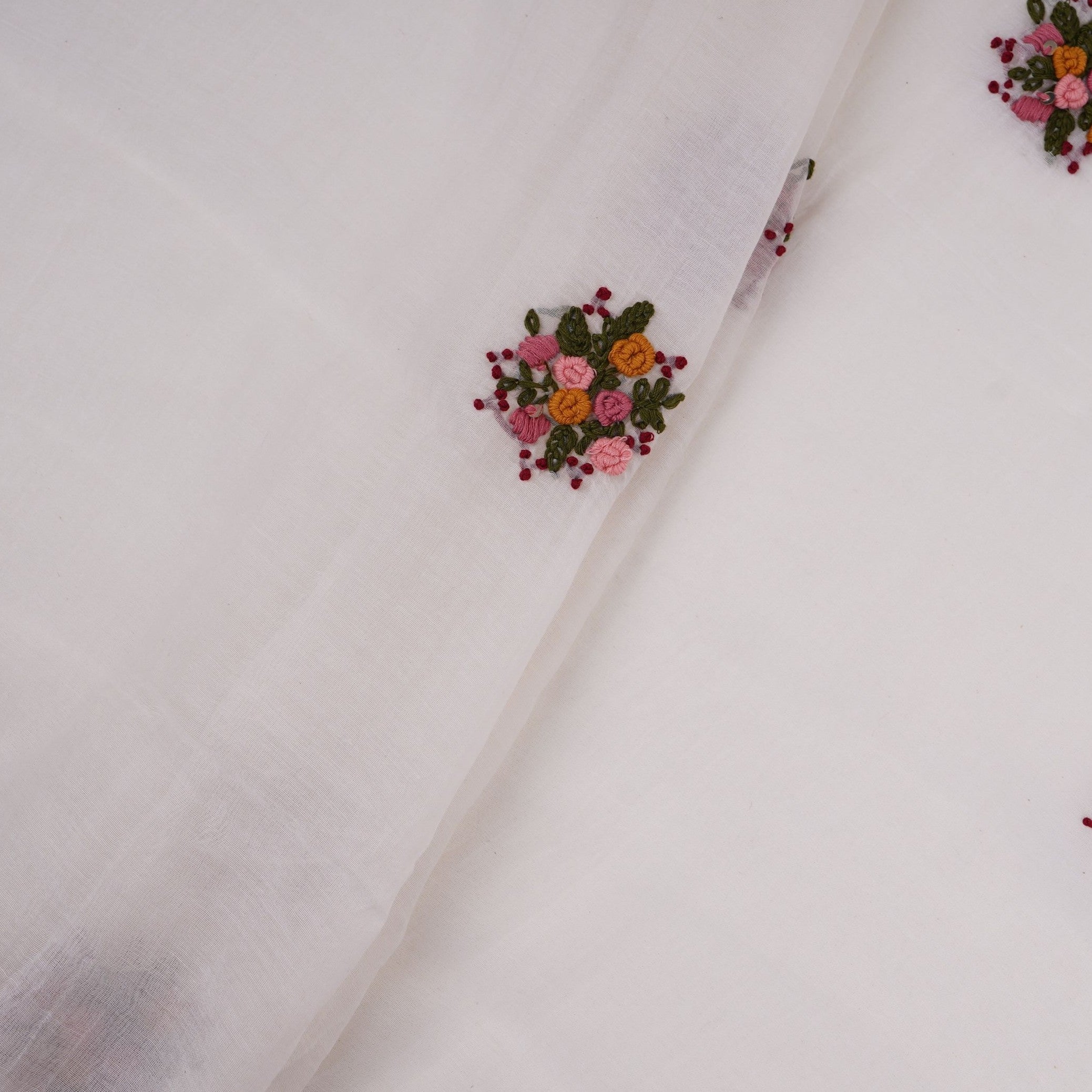 Off White with Multicolor floral Hand embroidery Pure Mul Chanderi Fabric SN-31238 - TradeUNO
