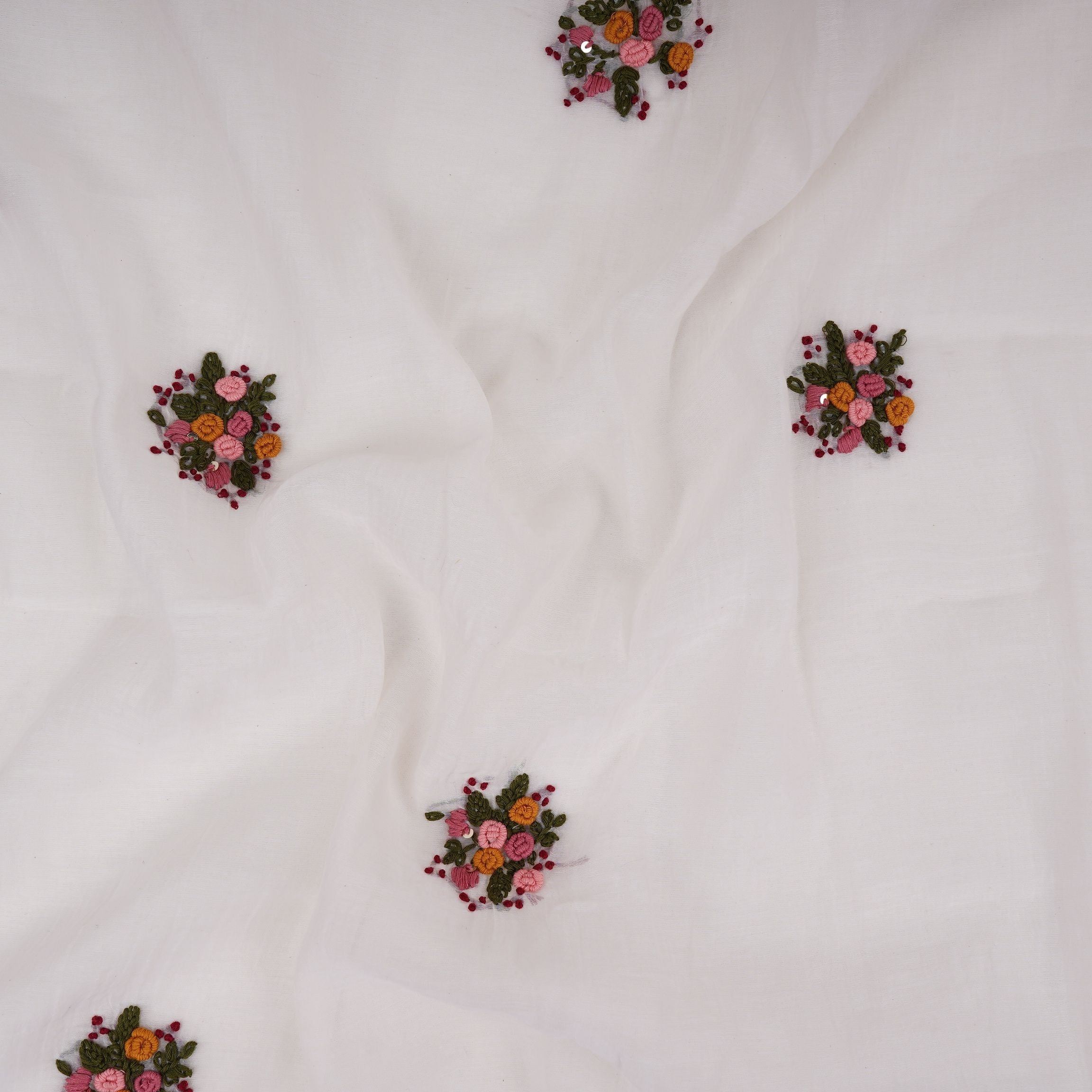 Off White with Multicolor floral Hand embroidery Pure Mul Chanderi Fabric SN-31238 - TradeUNO