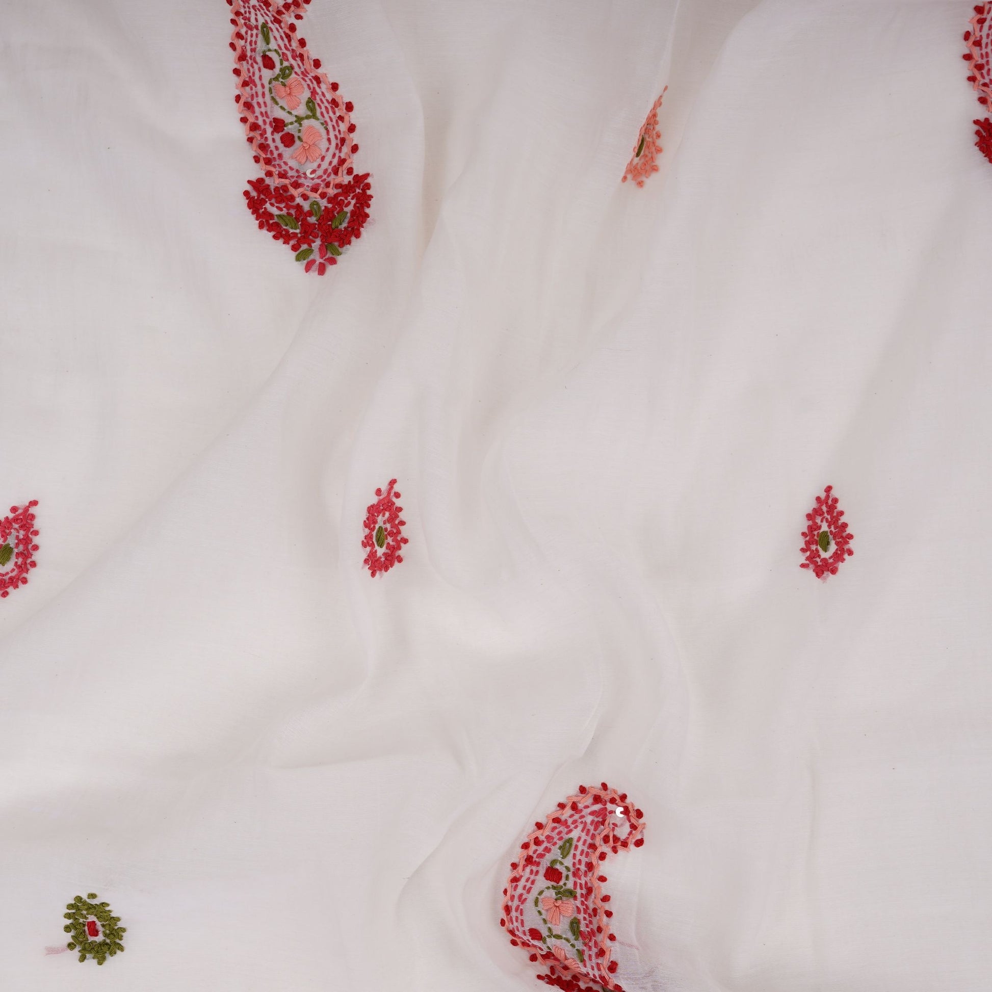 Off White with Multicolor floral Hand embroidery Pure Mul Chanderi Fabric SN-31236 - TradeUNO