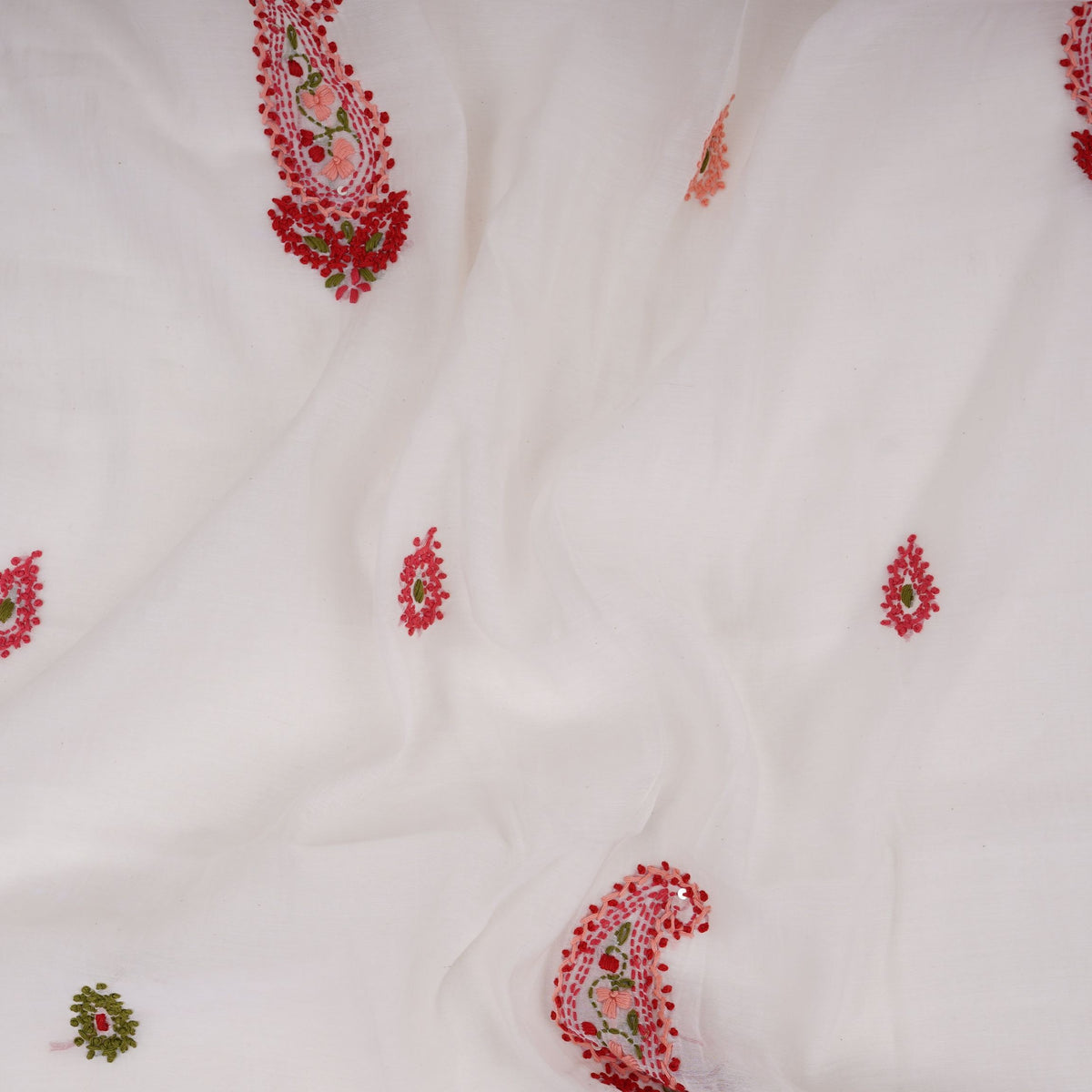 Off White with Multicolor floral Hand embroidery Pure Mul Chanderi Fabric SN-31236 - TradeUNO