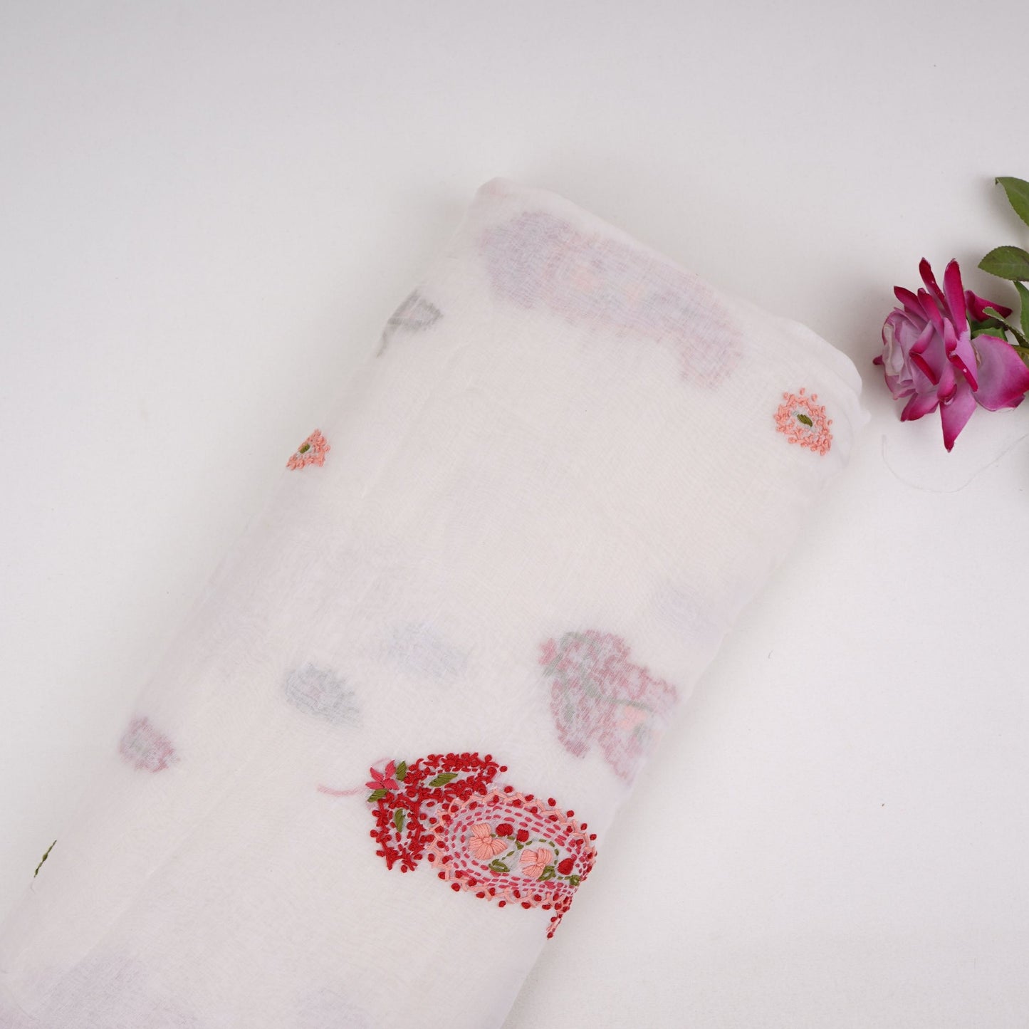 Off White with Multicolor floral Hand embroidery Pure Mul Chanderi Fabric SN-31236 - TradeUNO