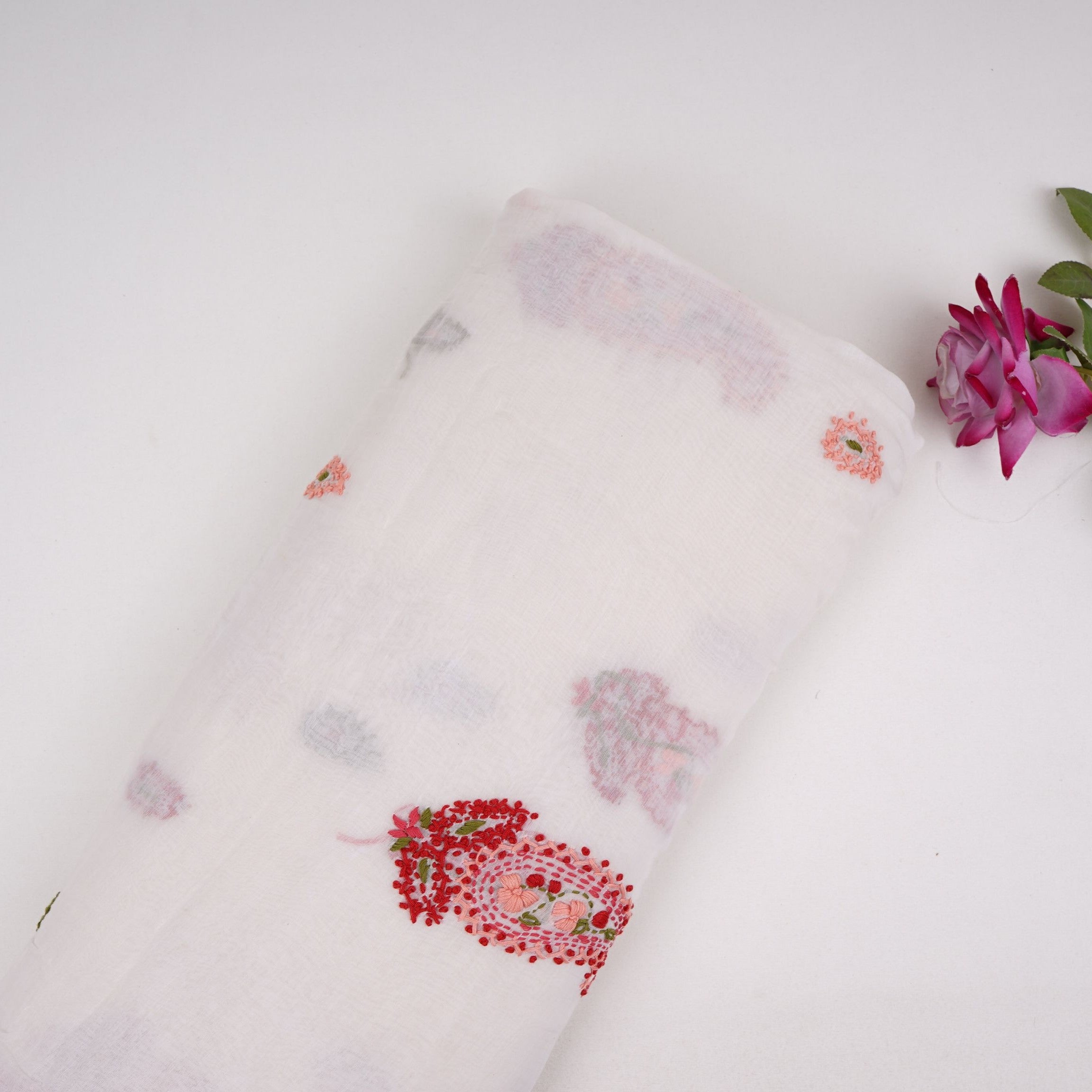 Off White with Multicolor floral Hand embroidery Pure Mul Chanderi Fabric SN-31236 - TradeUNO