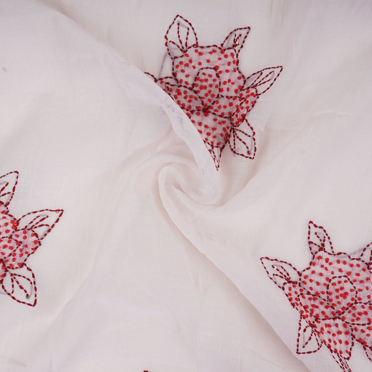 Off White with Multicolor floral Hand embroidery Pure Mul Chanderi Fabric SN-31235 - TradeUNO