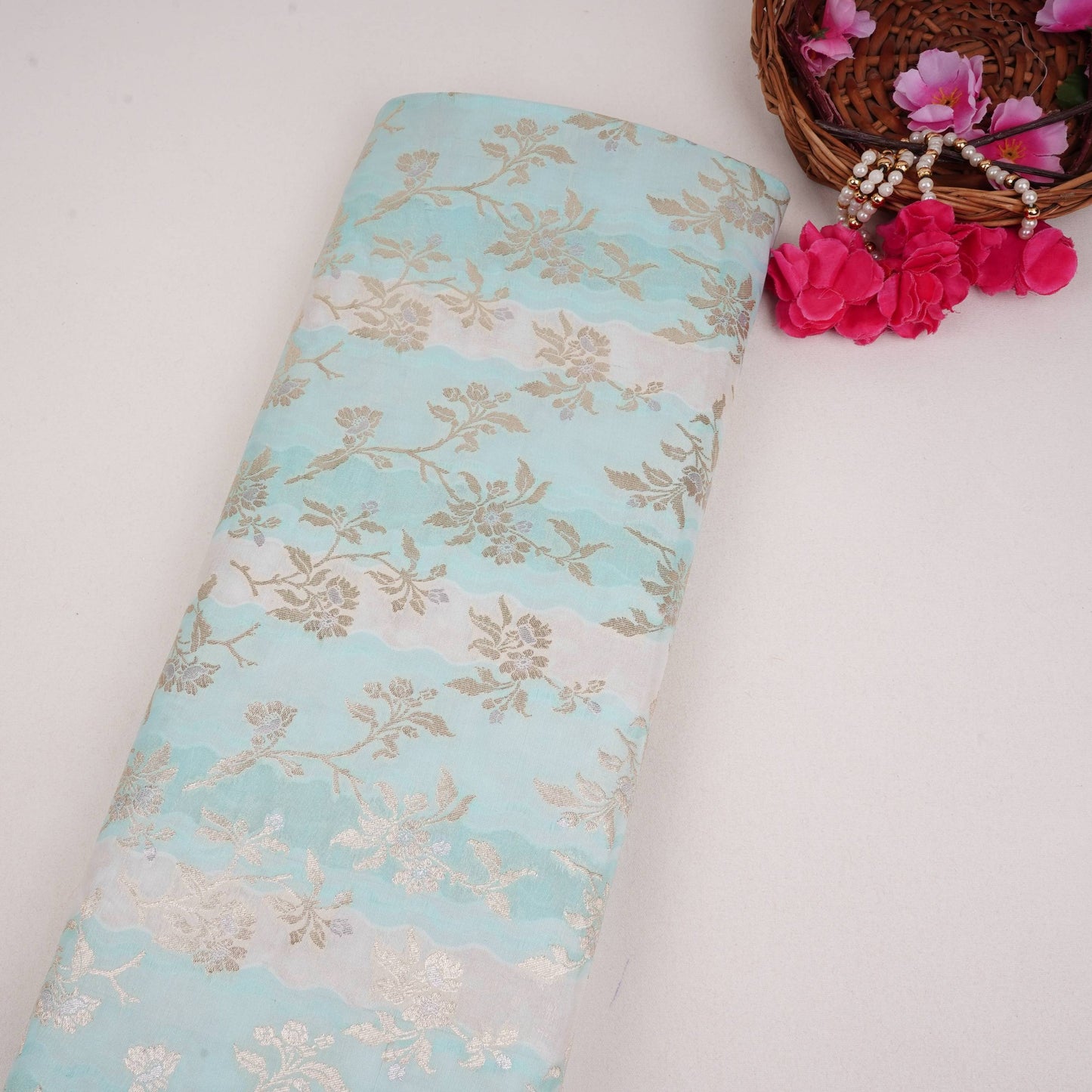 Sky Blue with Off White Multi Rangkaat Weave Brocade Fabric HMSS-32719