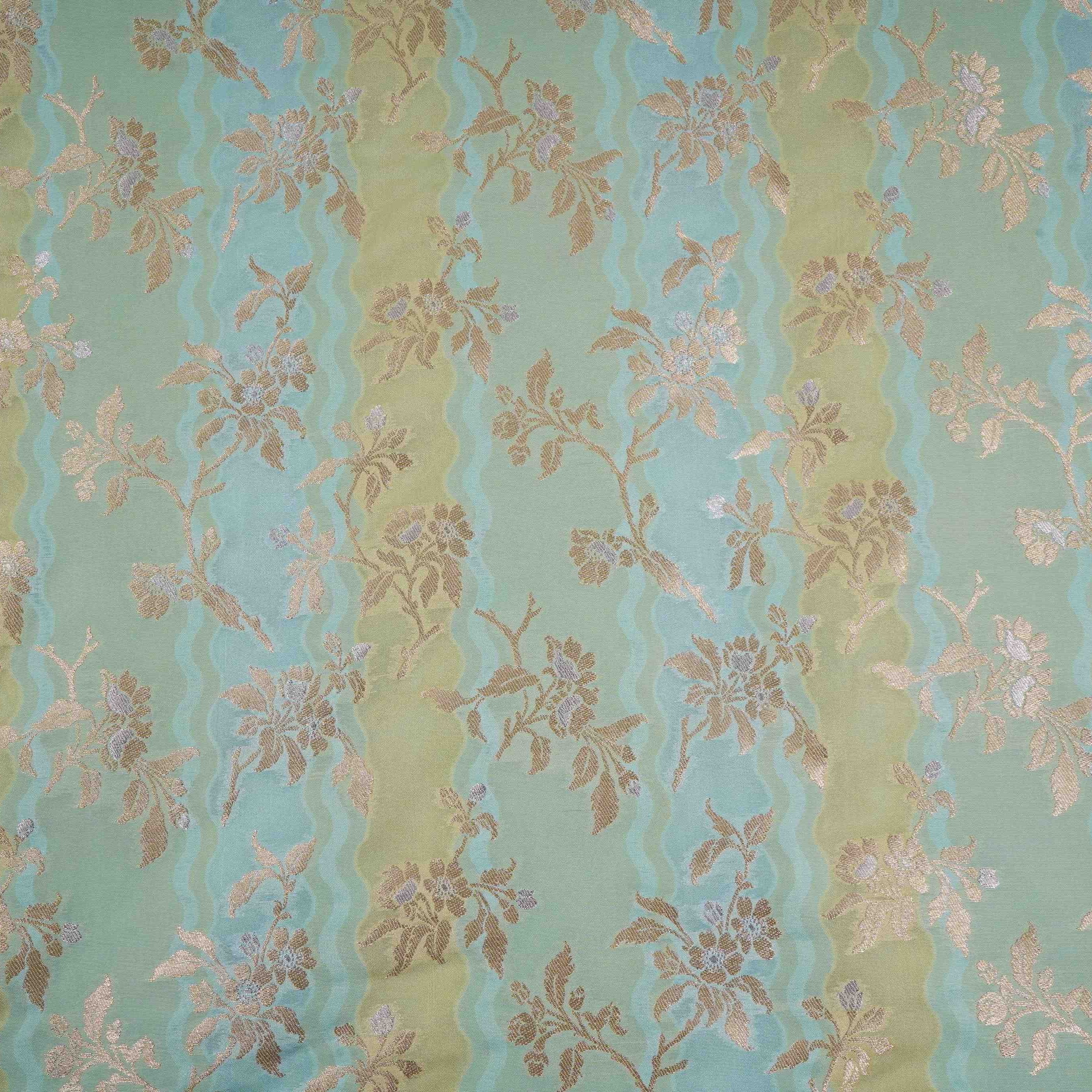 Aqua Blue with Sage Green Stripes Multi Rangkaat Weave Brocade Fabric HMSS-32718