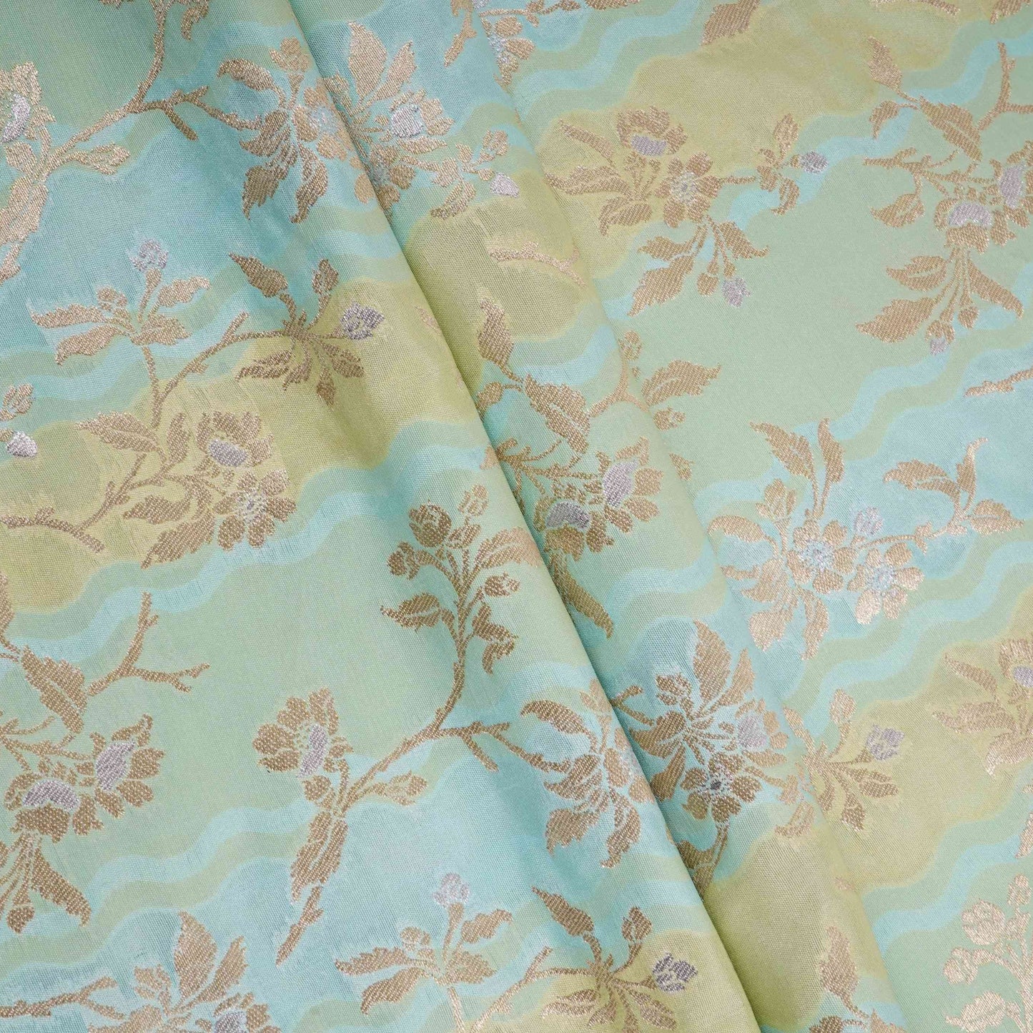 Aqua Blue with Sage Green Stripes Multi Rangkaat Weave Brocade Fabric HMSS-32718