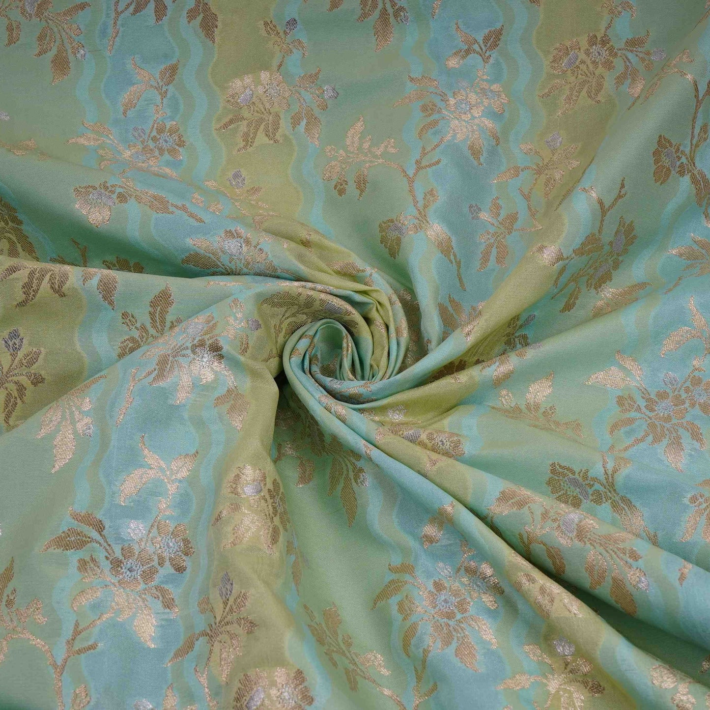 Aqua Blue with Sage Green Stripes Multi Rangkaat Weave Brocade Fabric HMSS-32718