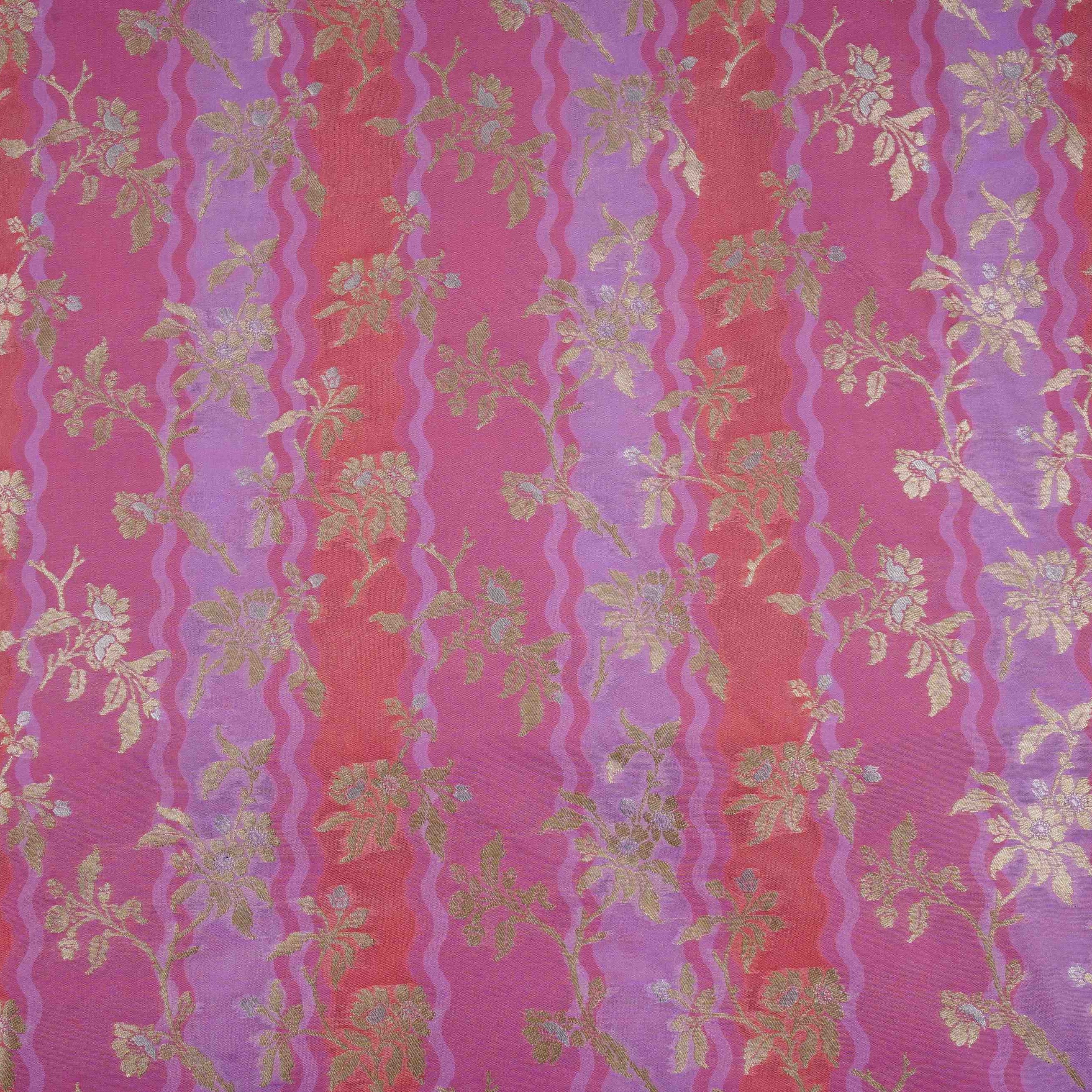 Magenta with Salmon Pink Multi Rangkaat Weave Brocade Fabric HMSS-32721
