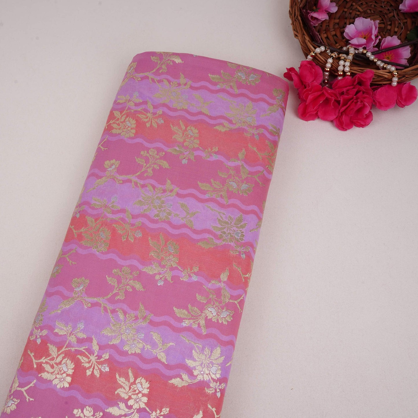 Magenta with Salmon Pink Multi Rangkaat Weave Brocade Fabric HMSS-32721