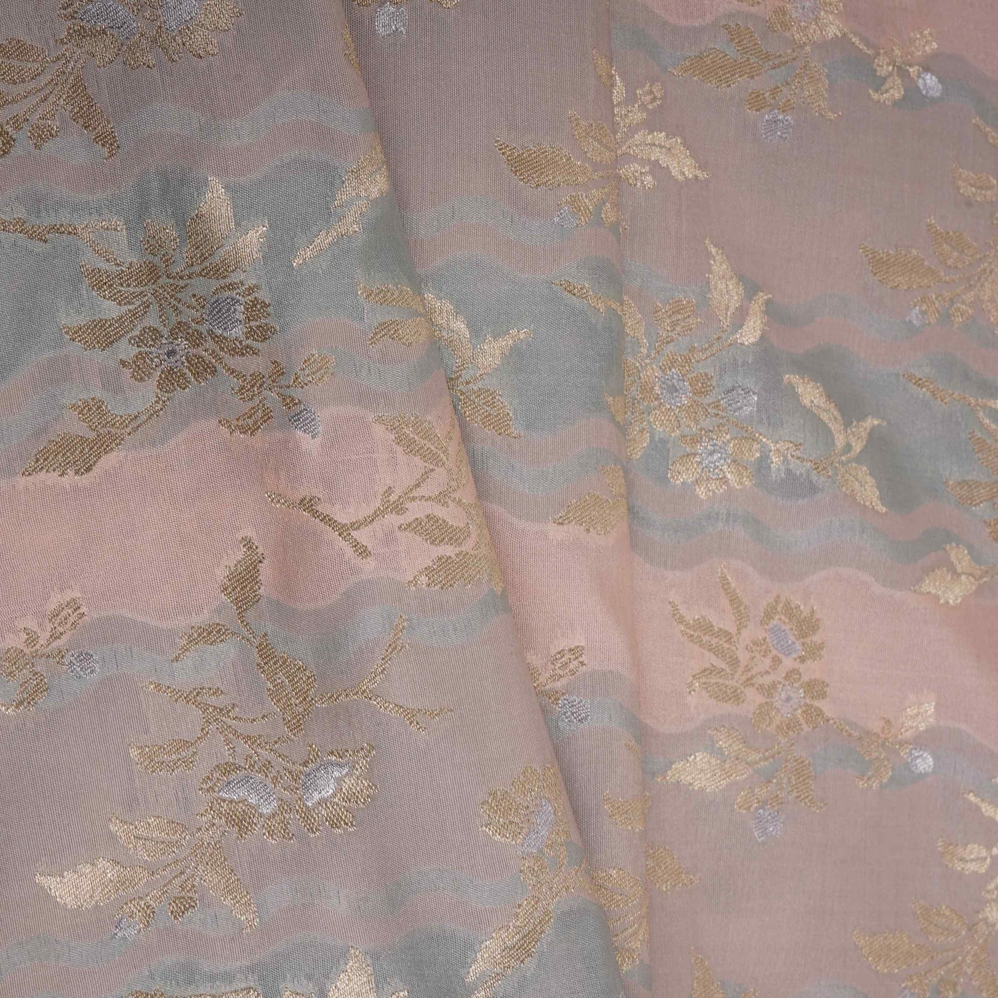 Blush Pink with Teal Multi Rangkaat Weave Brocade Fabric HMSS-32720