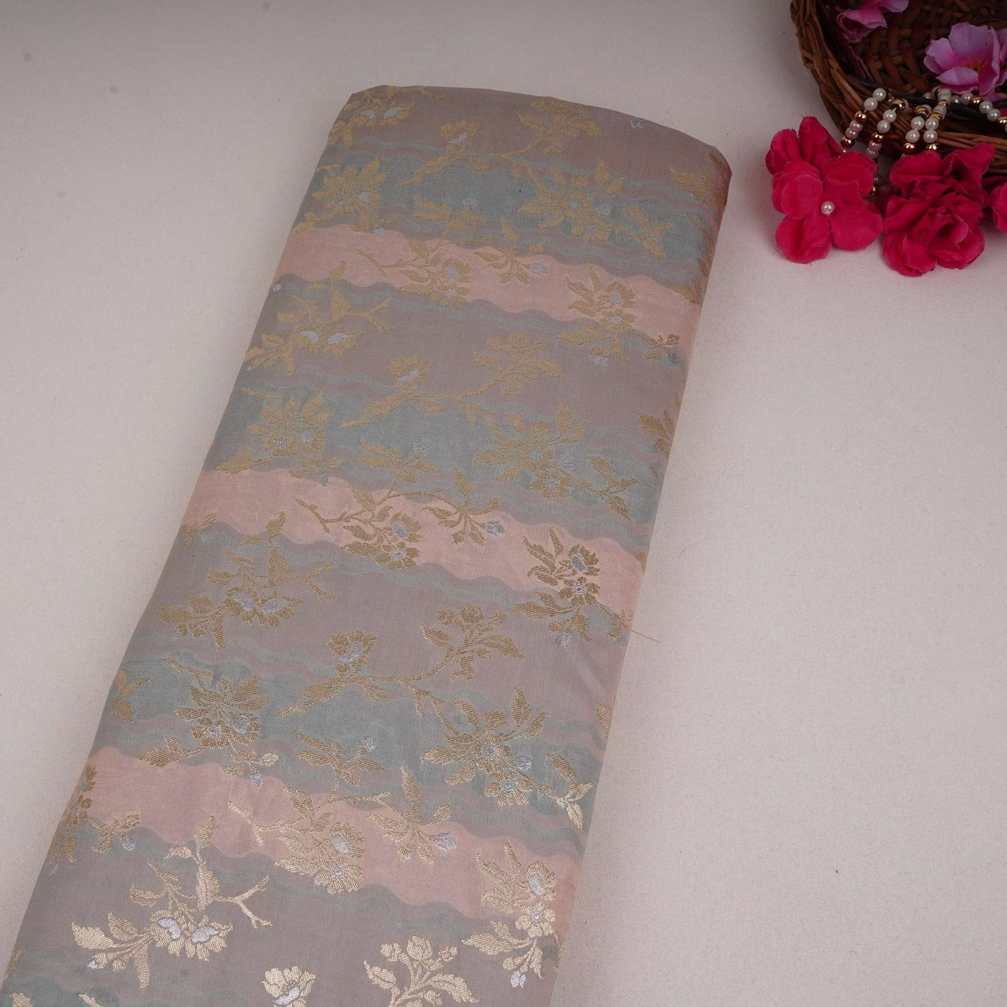 Blush Pink with Teal Multi Rangkaat Weave Brocade Fabric HMSS-32720