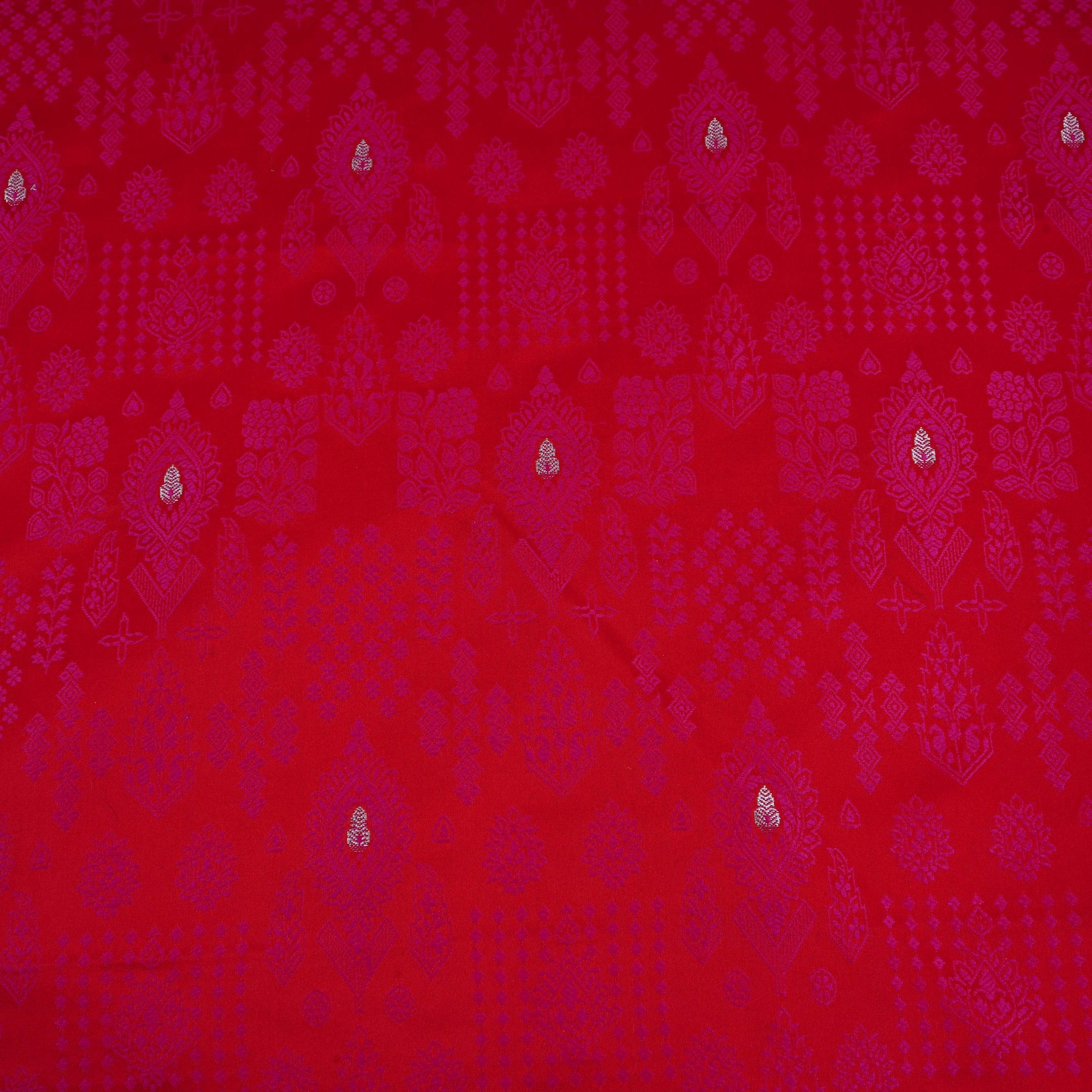 Red Zari Booti Dohri Tanchoi Silk Fabric HMSS-32729