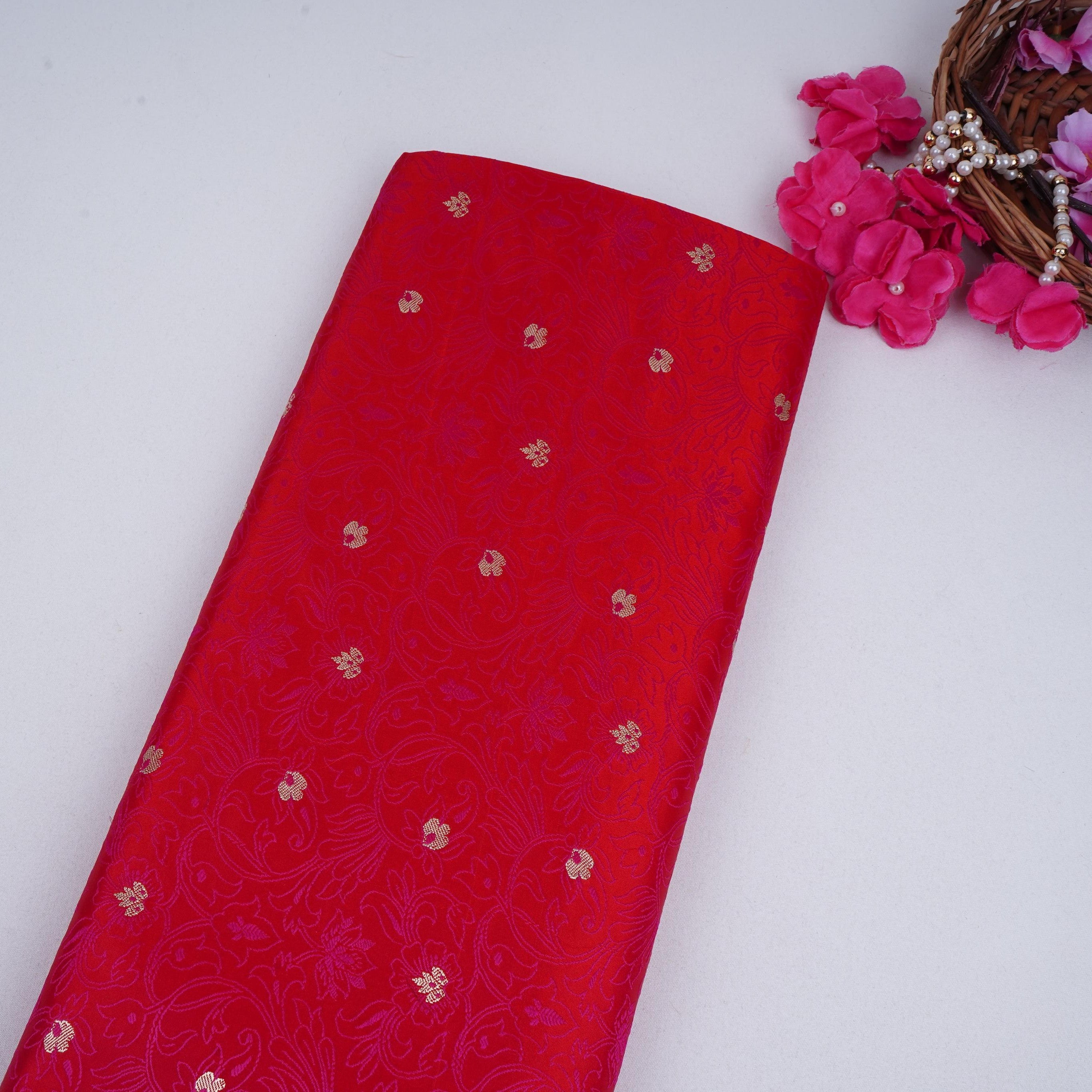 Red Zari Booti Tanchoi Silk Fabric HMSS-32756