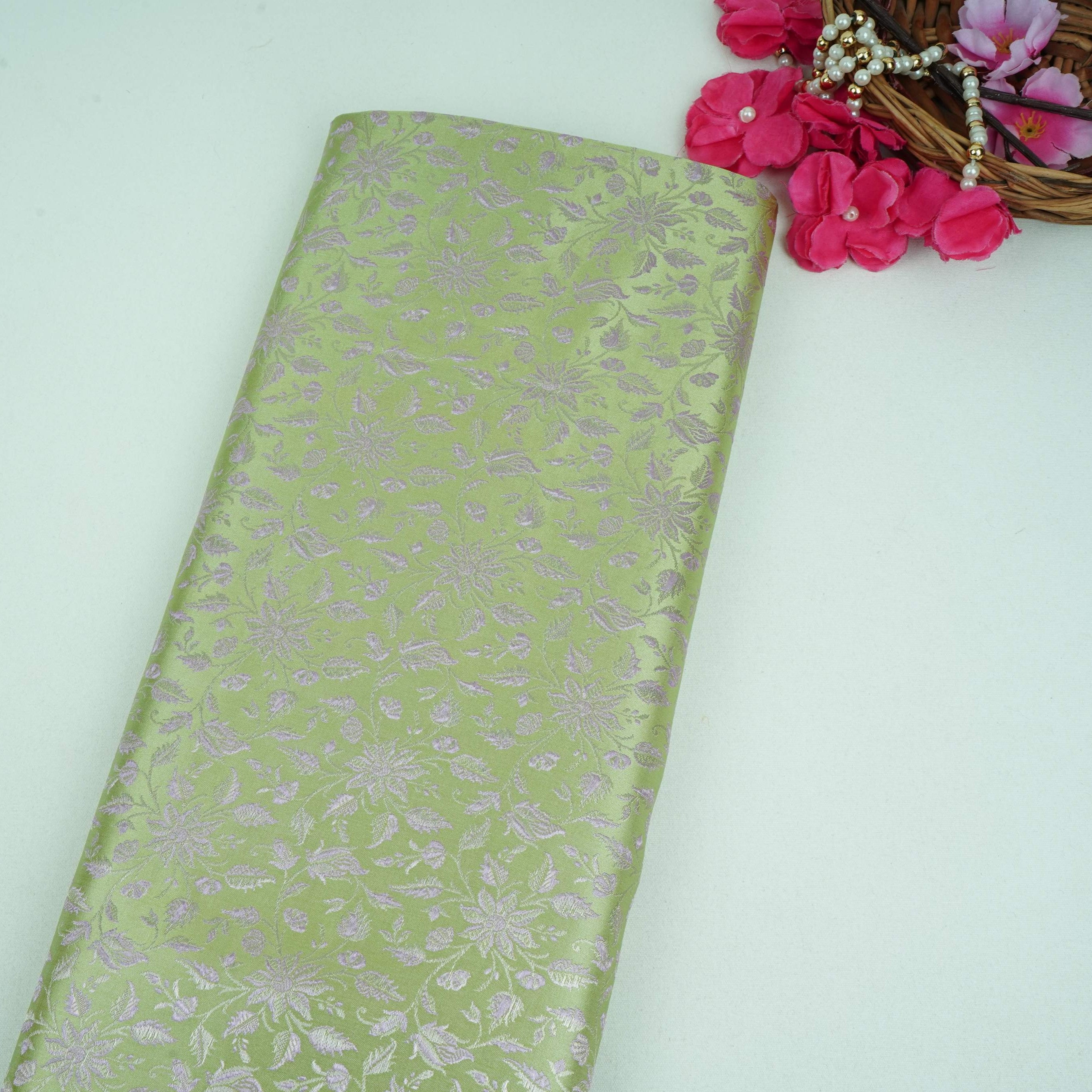 Lime Green Jamawar Resham Zari Dohra Brocade Fabric HMSS-32742