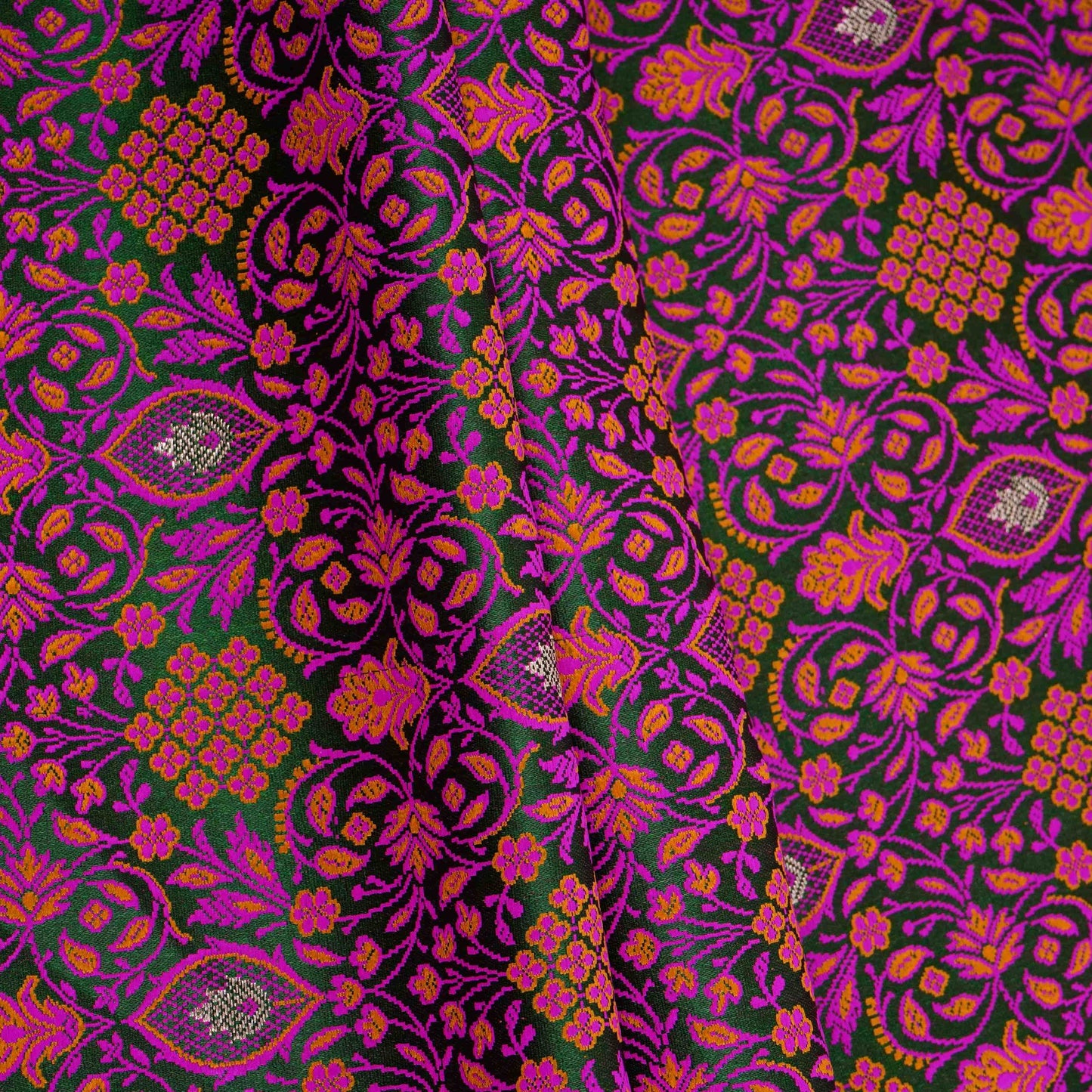 Bottle Green Zari Booti Dohri Tanchoi Silk Fabric HMSS-32727