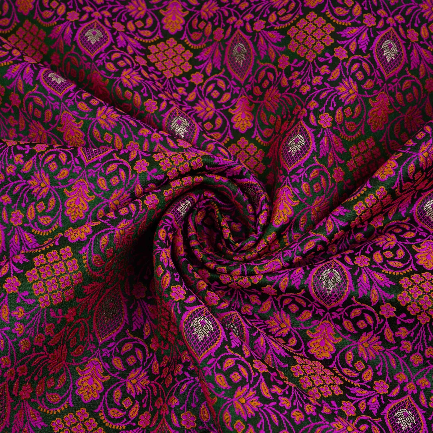 Bottle Green Zari Booti Dohri Tanchoi Silk Fabric HMSS-32727