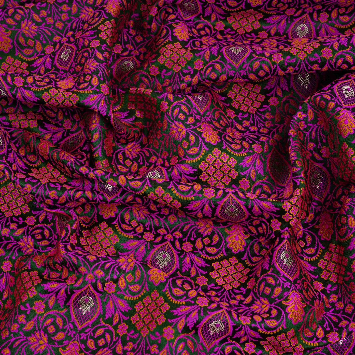 Bottle Green Zari Booti Dohri Tanchoi Silk Fabric HMSS-32727