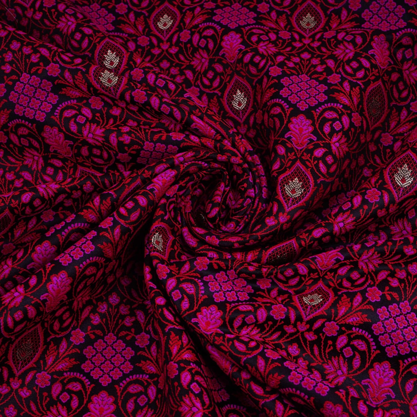 Black Zari Booti Dohri Tanchoi Silk Fabric HMSS-32726